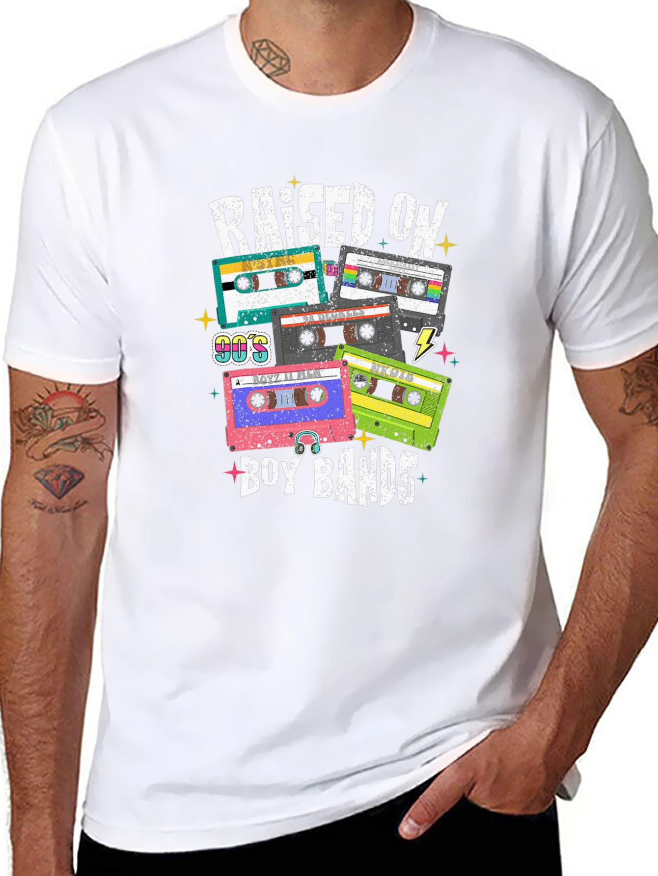 Black Raised on Boy Bands 90s Cassette Tape T-Shirt view 8