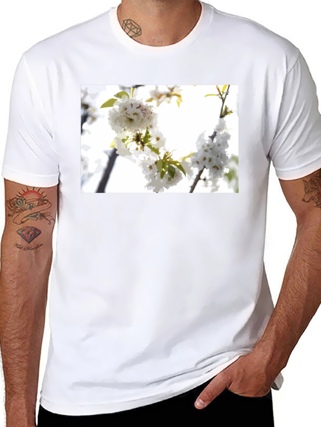 Black White Flower T-Shirt - Black Cotton Blossom Tee view 8