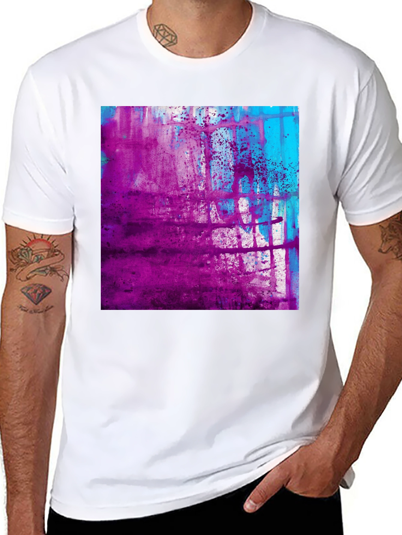 Black Abstract Purple & Blue Graphic Print Black T-Shirt view 8
