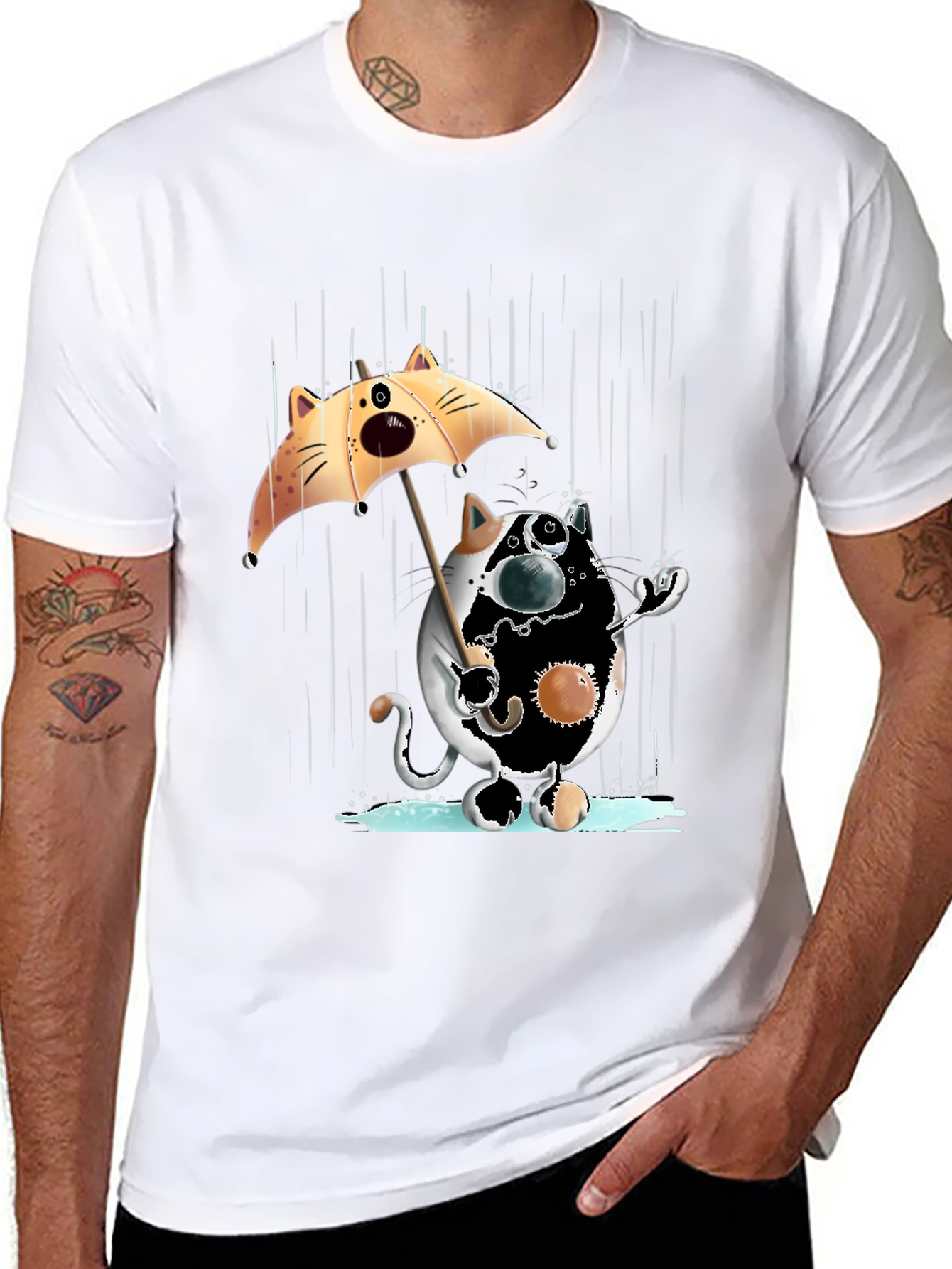 Black Funny Cat in Rain Graphic T-Shirt view 8