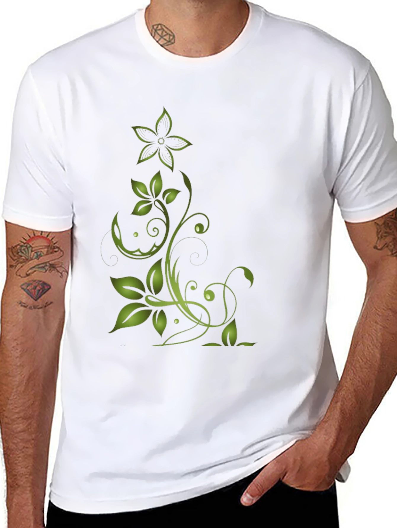 Black Green Floral Design Black T-Shirt view 8
