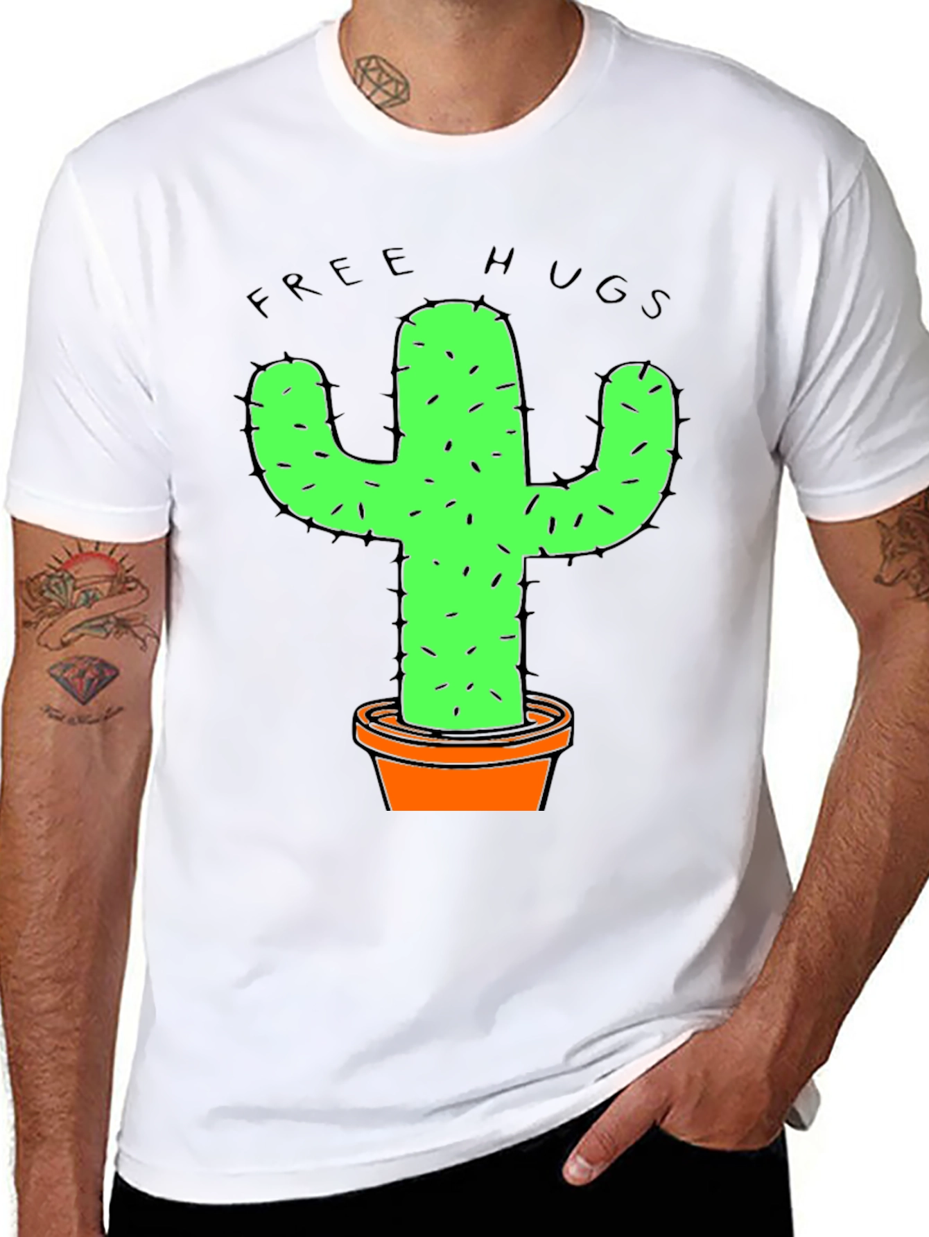 Black Funny Free Hugs Cactus Graphic T-Shirt view 8
