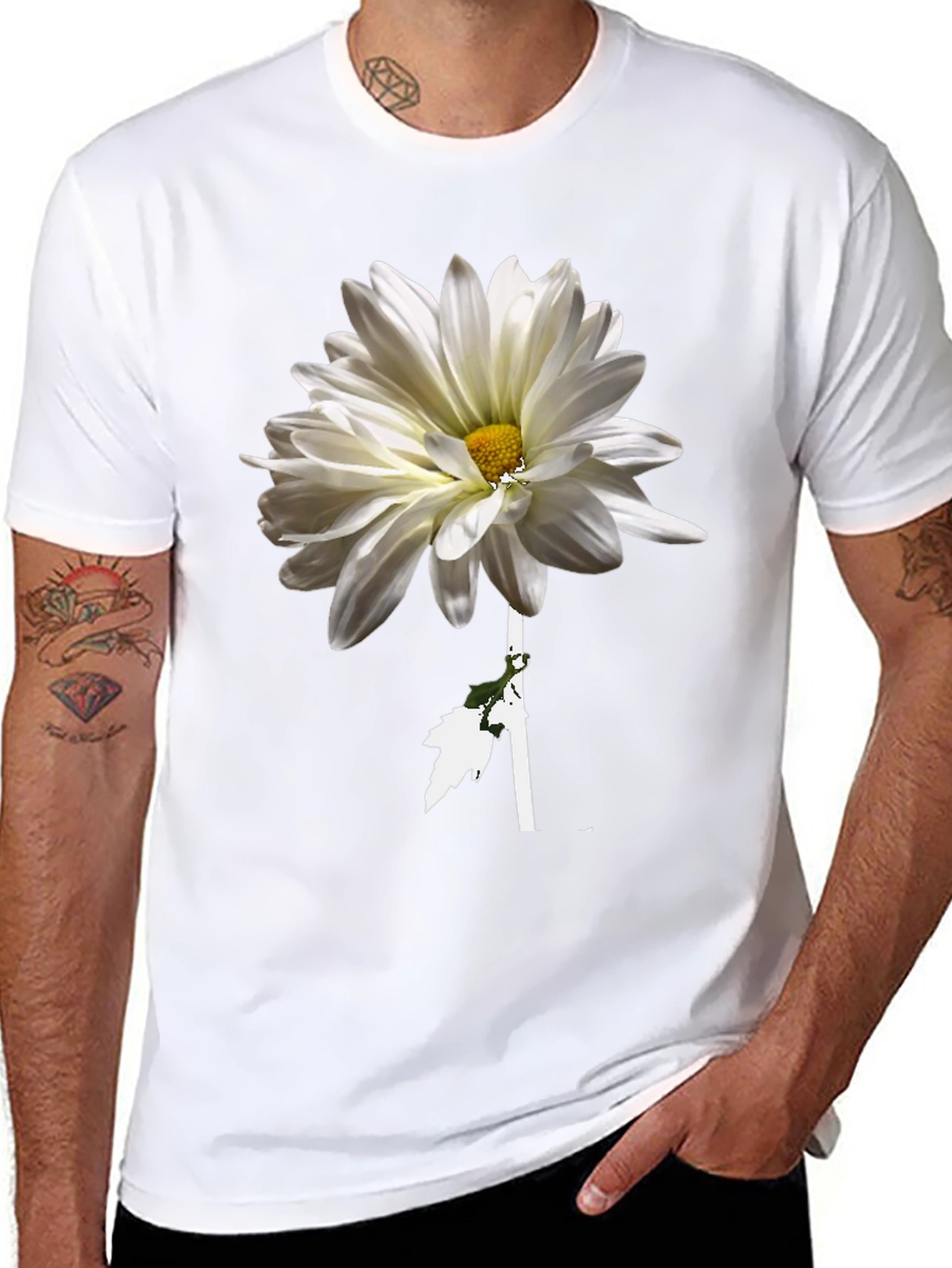 Black Floral T-Shirt: White Daisy on Black view 8