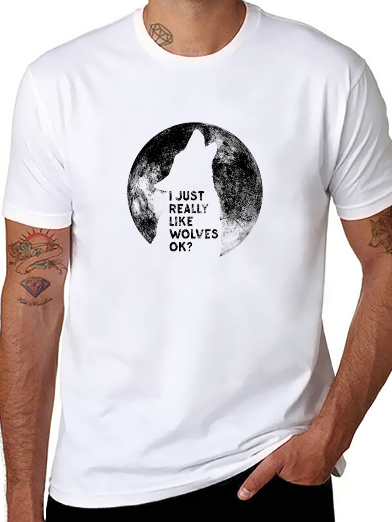 Black Wolf Lover Tee - 'I Just Really Like Wolves OK?' T-Shirt view 8