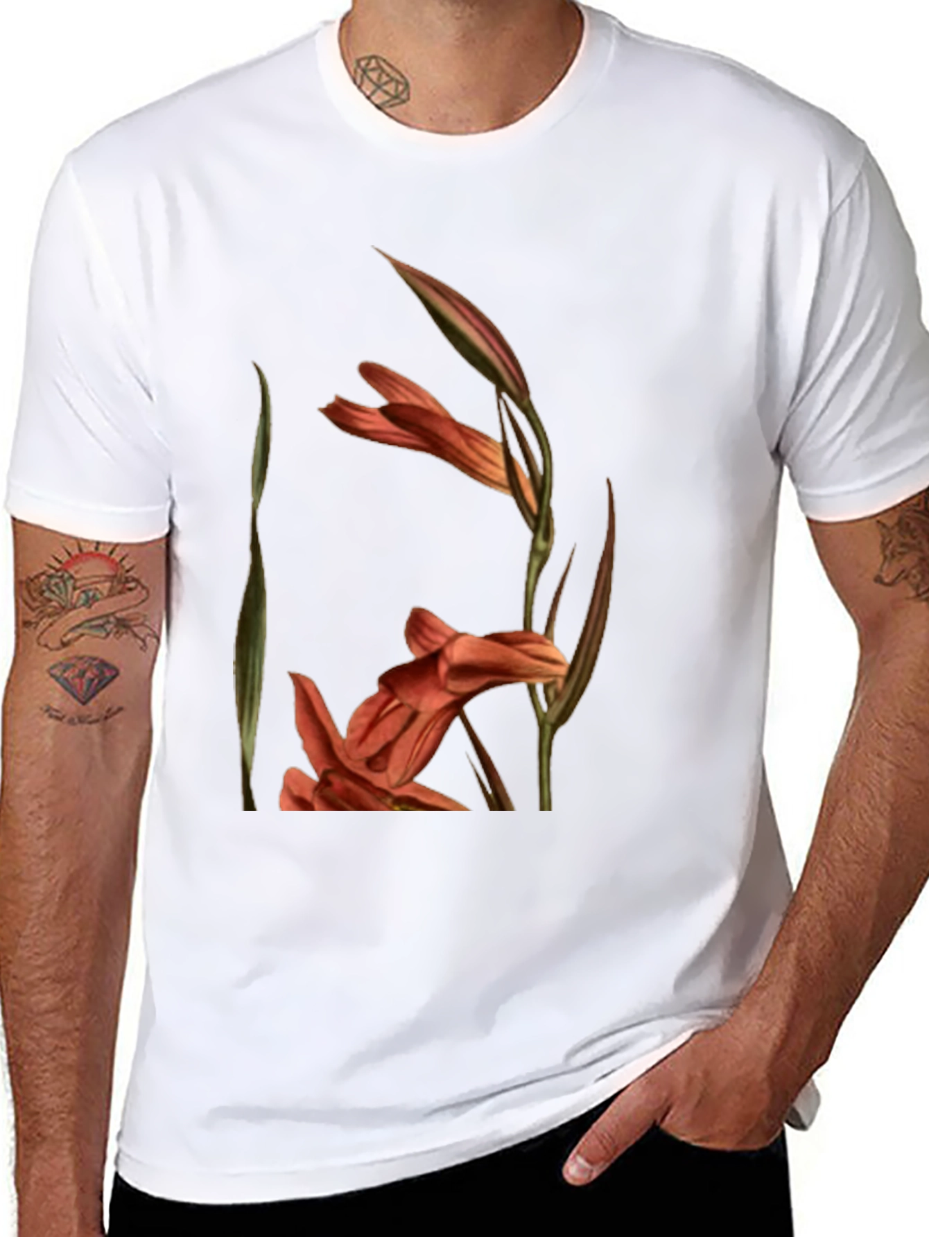 Black Floral Gladiolus Print Black T-Shirt view 8