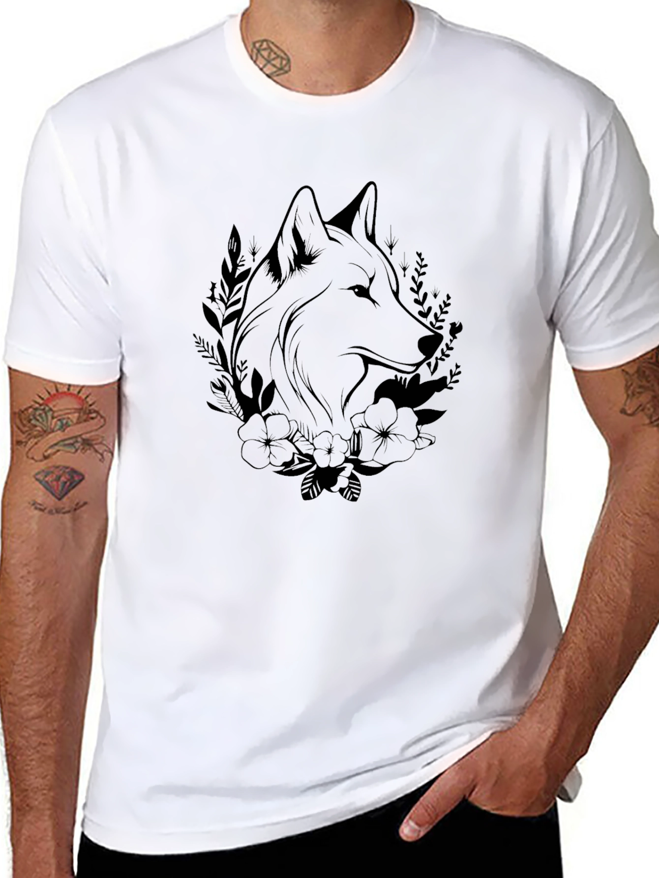 Black Wolf & Floral Graphic Black T-Shirt view 8