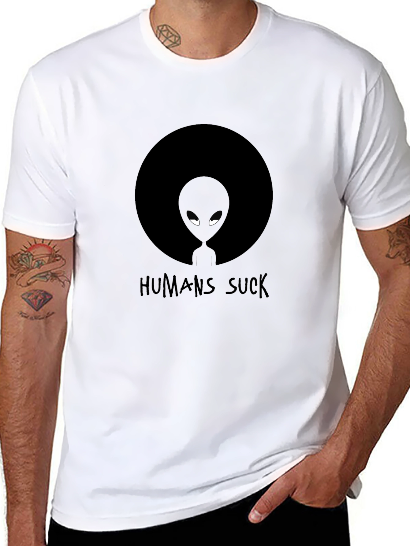 Black Humans Suck Alien Graphic Tee - Black Cotton T-Shirt view 8