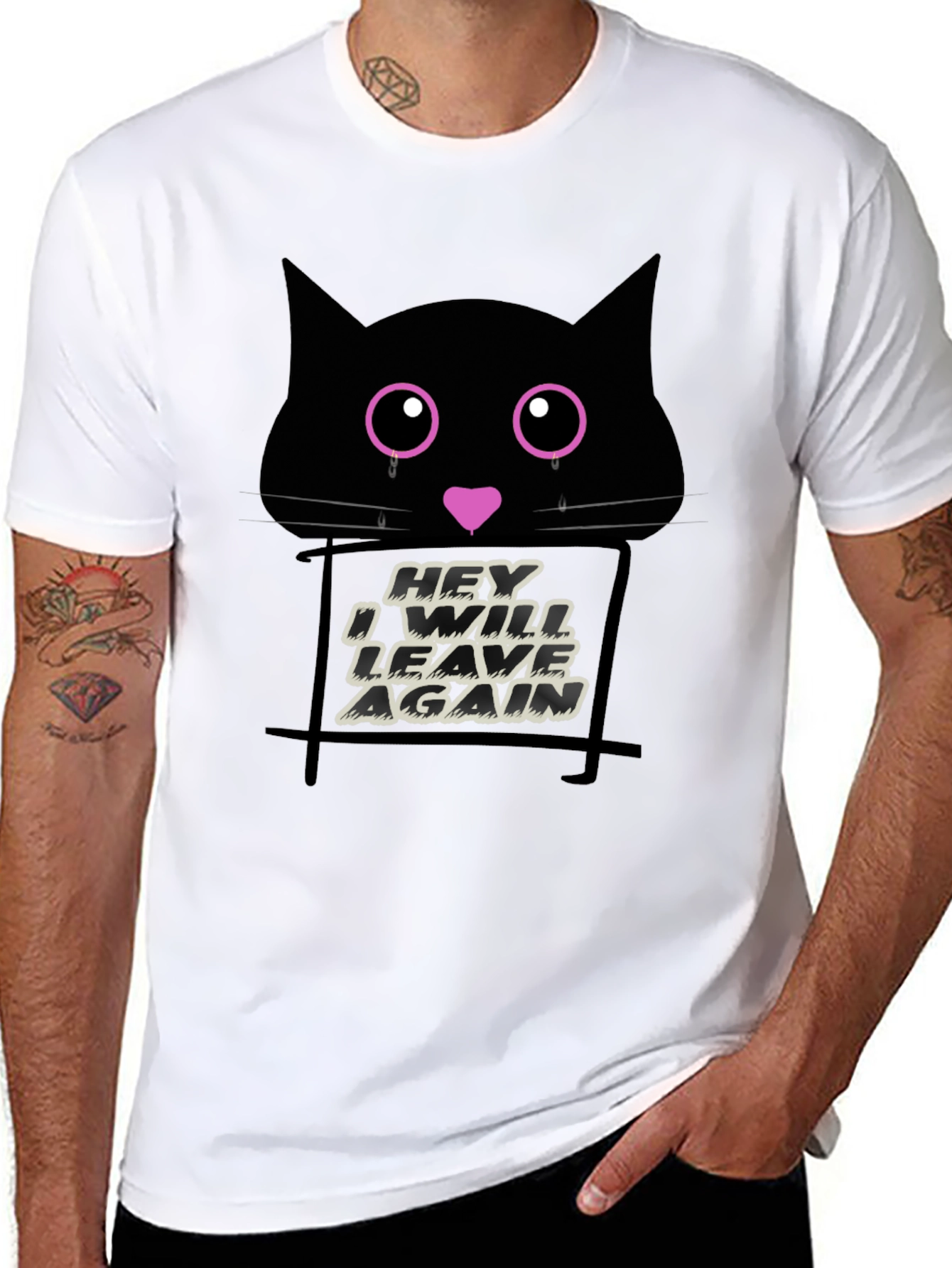 Black Crying Cat Graphic Print Tee - 'Hey I Will Leave Again' view 8
