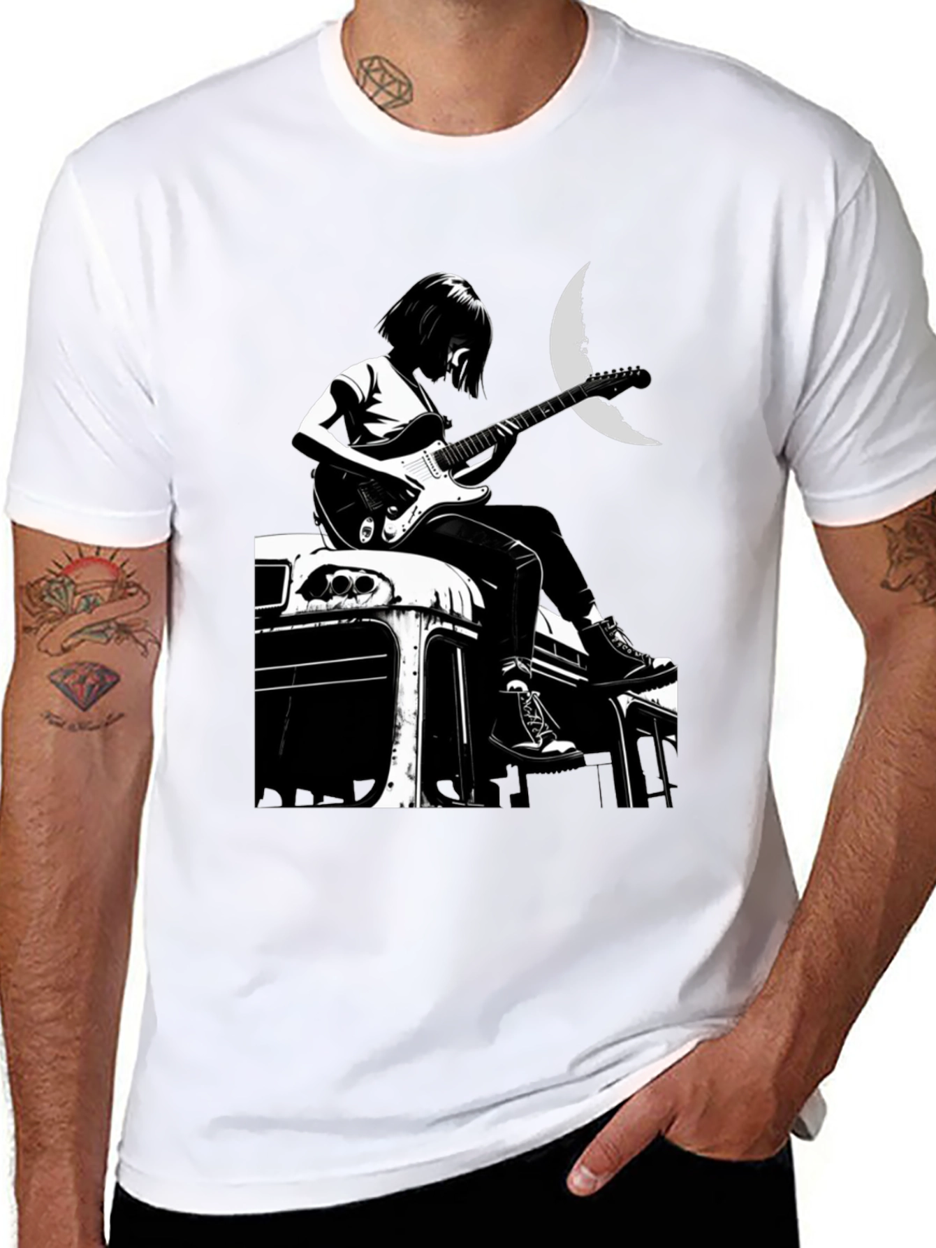 Black Guitarist Moon Graphic T-Shirt view 8