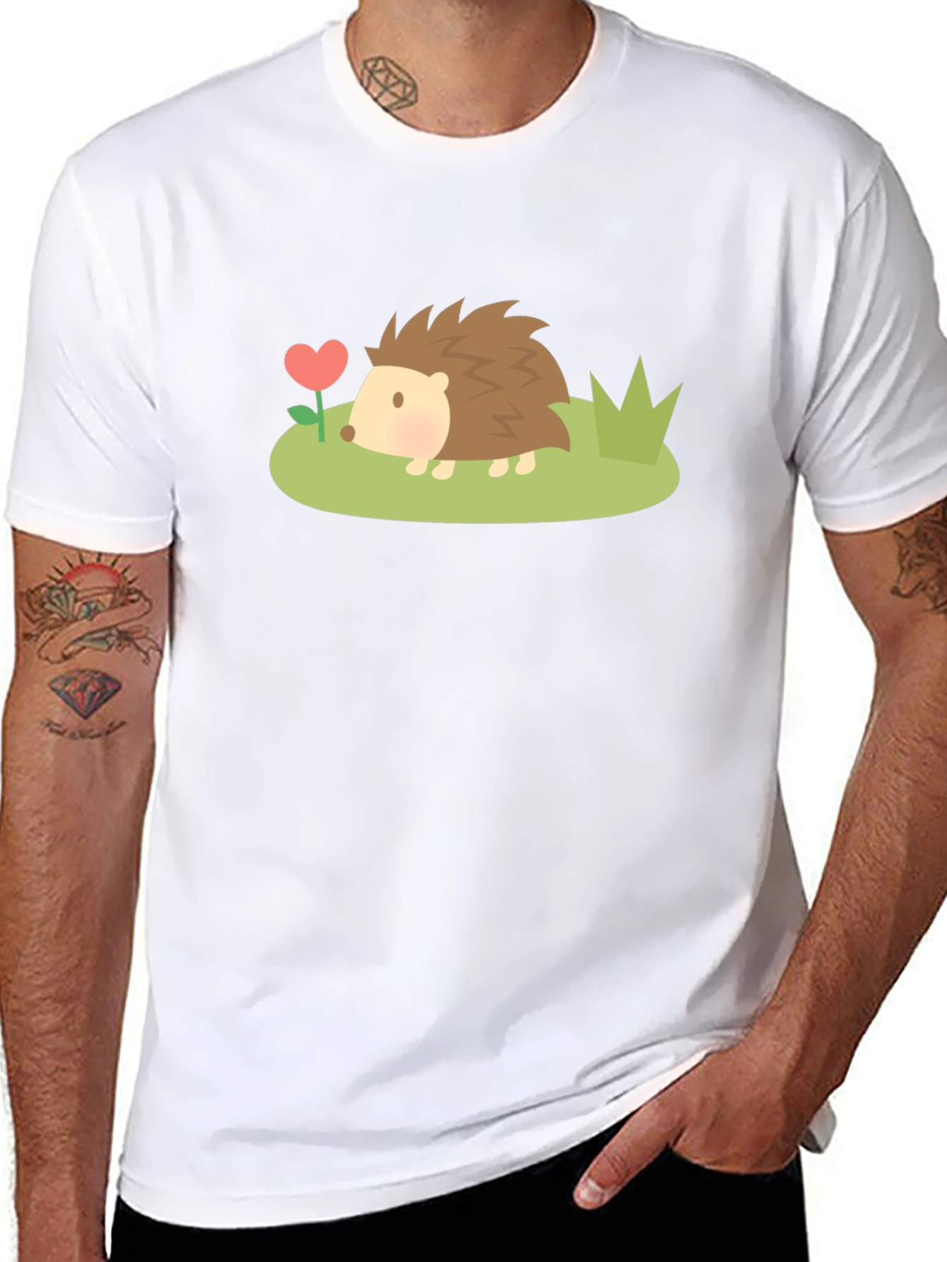 Black Cute Hedgehog Heart Flower Graphic T-Shirt view 8