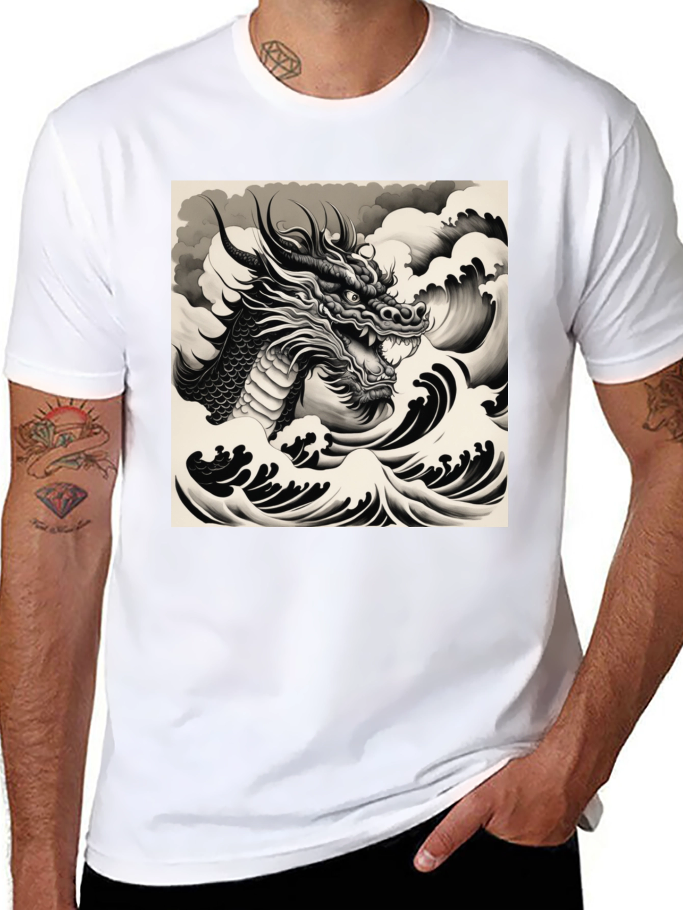 Black Dragon & Waves Graphic Tee - Black view 8