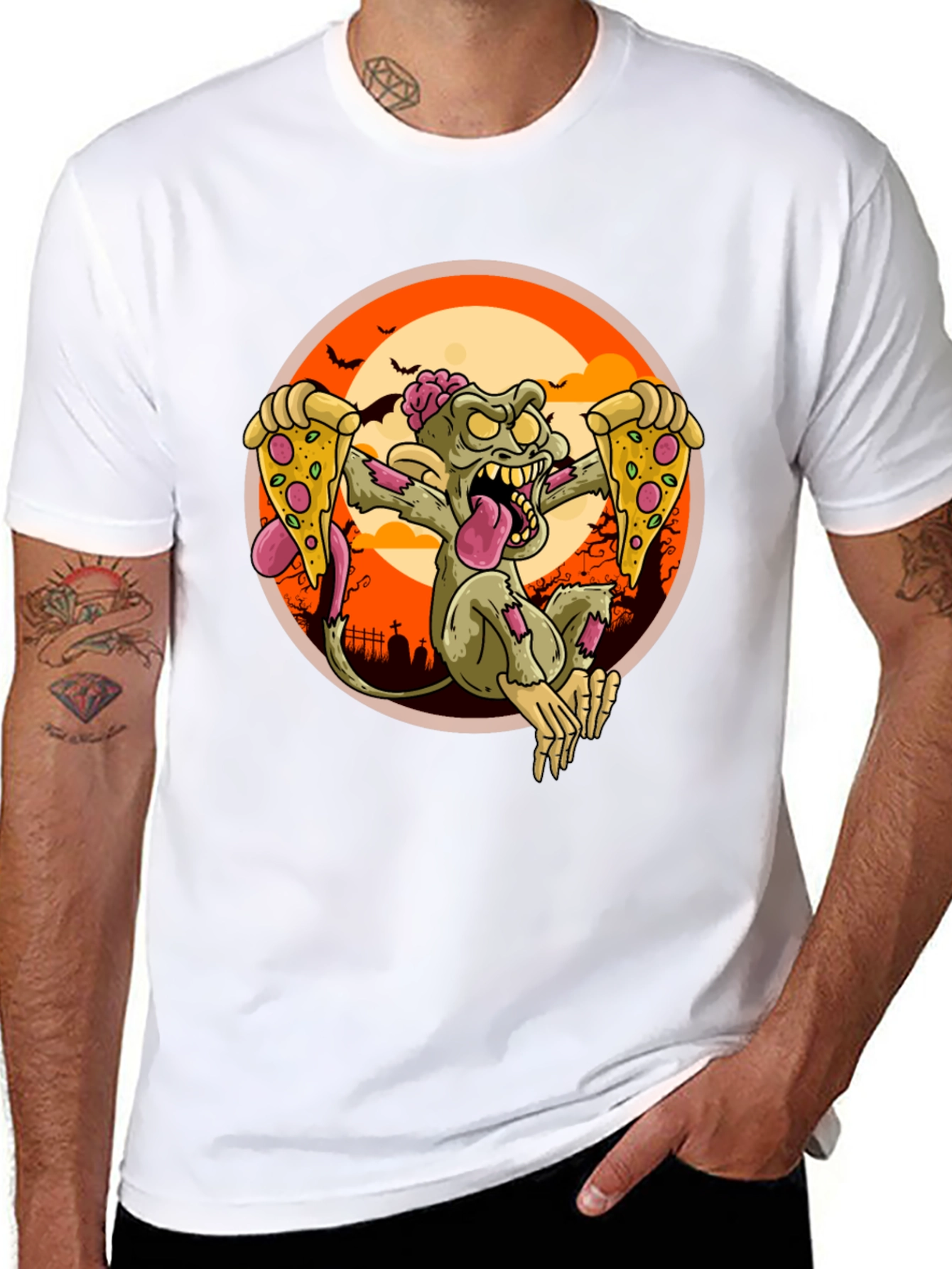 Black Zombie Pizza Lover Graphic Tee - Halloween T-Shirt view 8