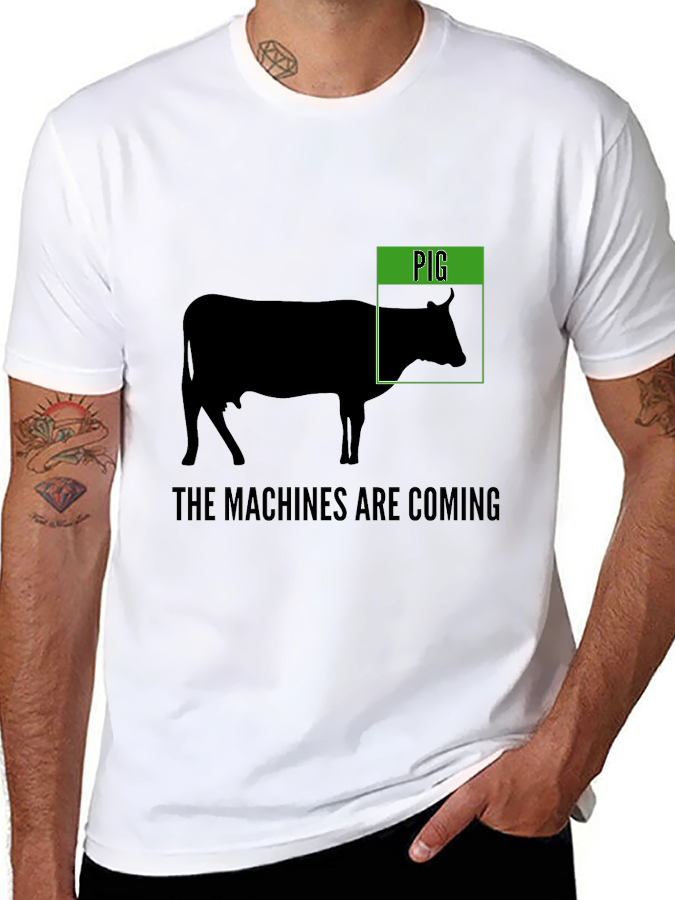 Black Funny 'Pig' Cow T-Shirt - The Machines Are Coming view 8