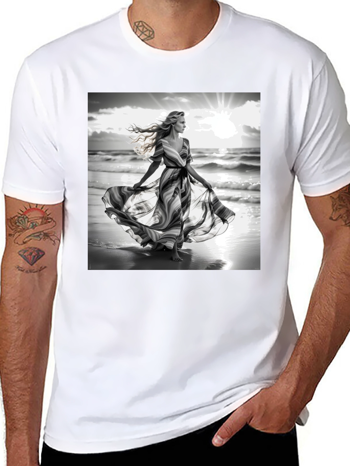 Black Elegant Woman on Beach T-Shirt view 8
