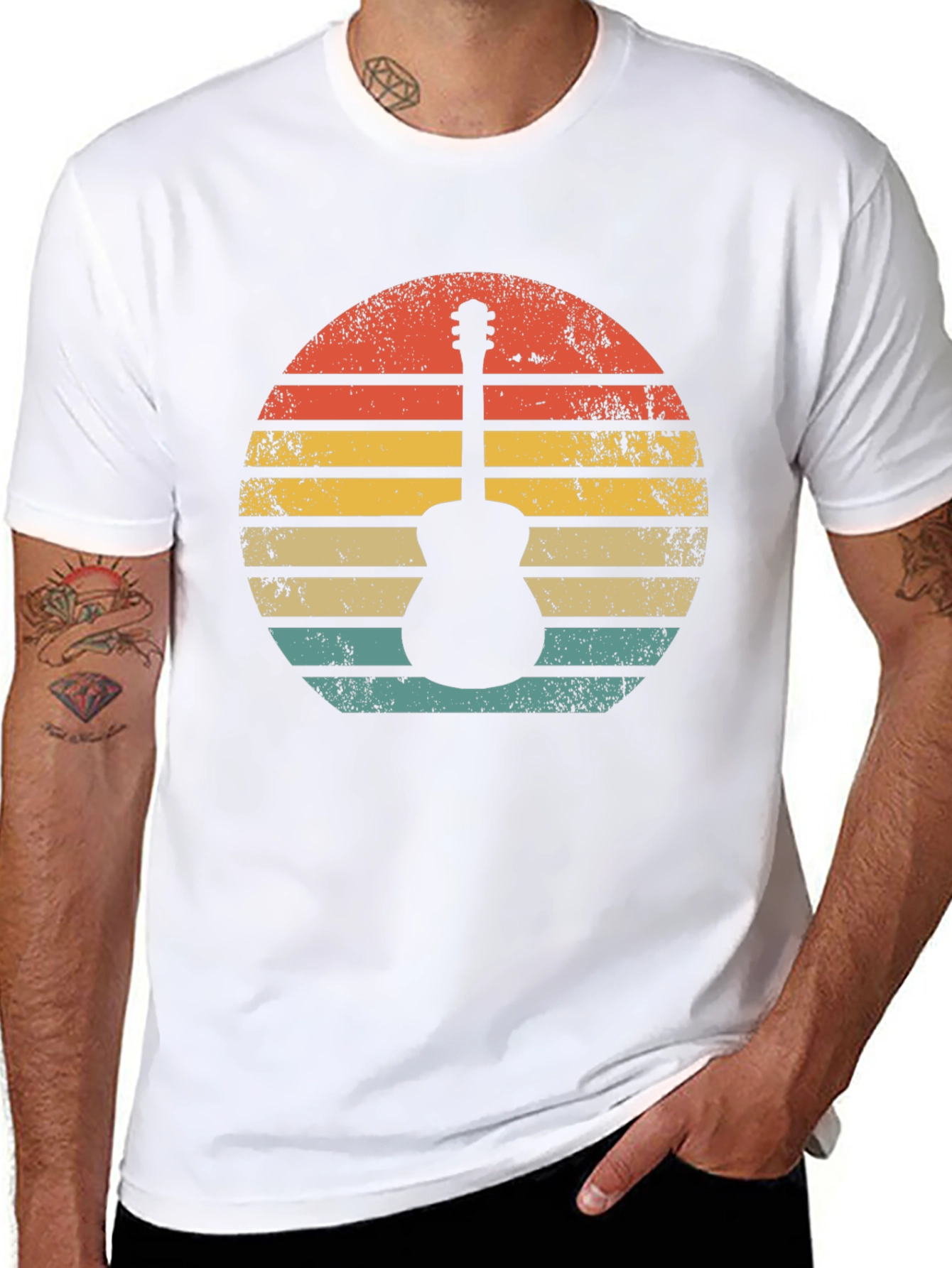 Black Retro Guitar Sunset T-Shirt - Vintage Style Music Tee view 8