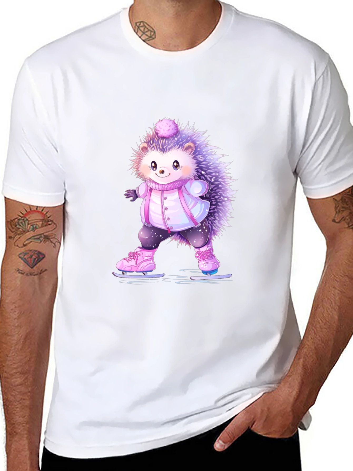 Black Cute Hedgehog Ice Skating T-Shirt view 8