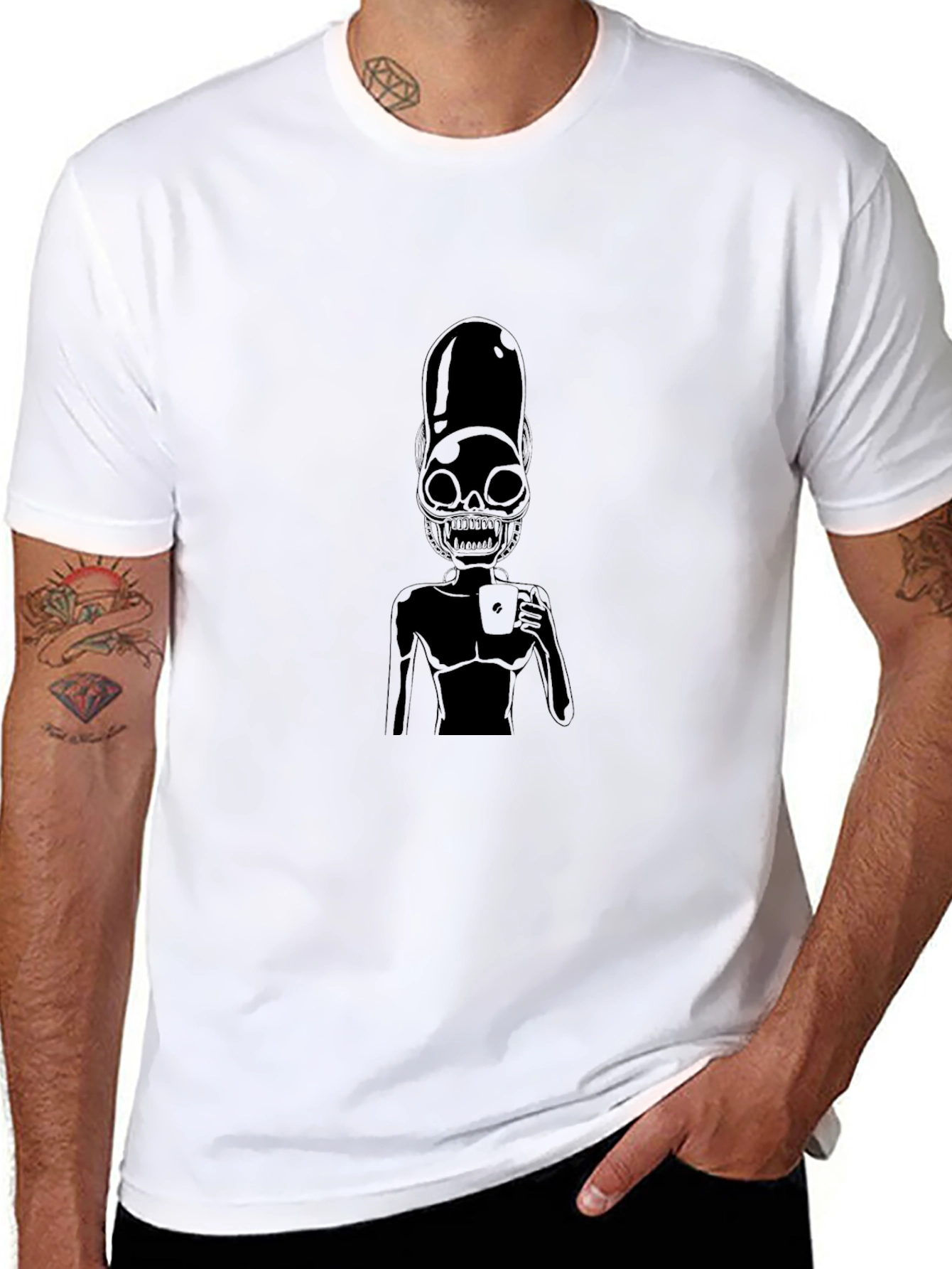 Black Alien Skeleton Coffee Graphic Black T-Shirt view 8