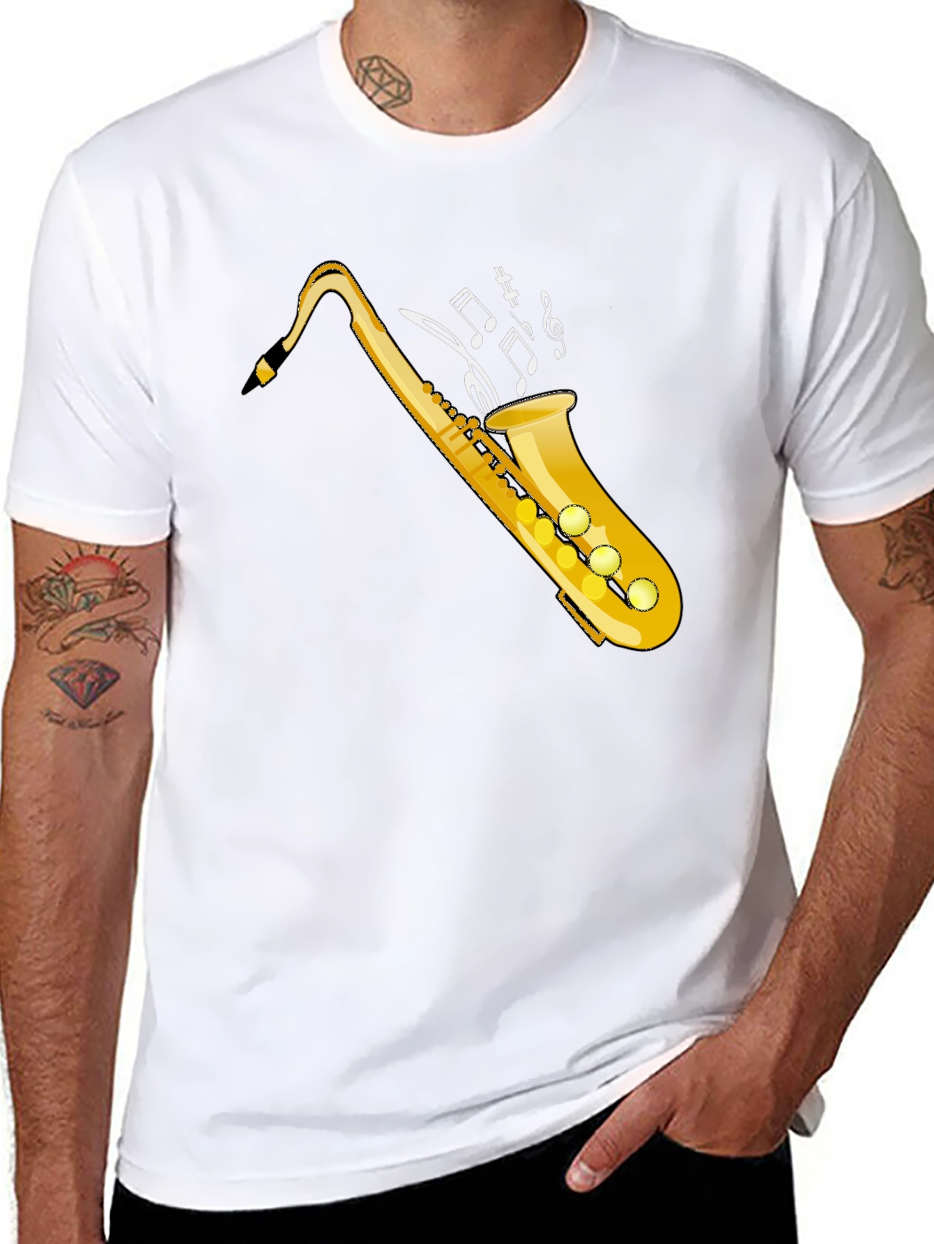 Black Saxophone Music Notes Graphic Tee view 8