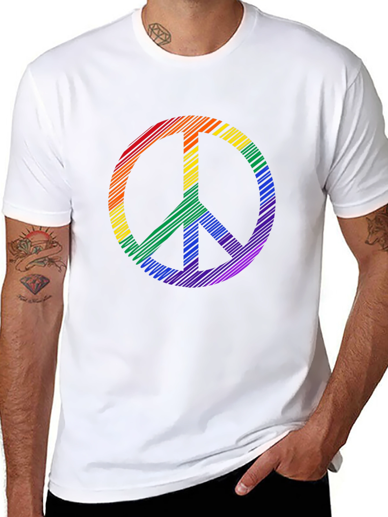Black Rainbow Peace Sign Graphic Tee - Black Cotton Casual Shirt view 8