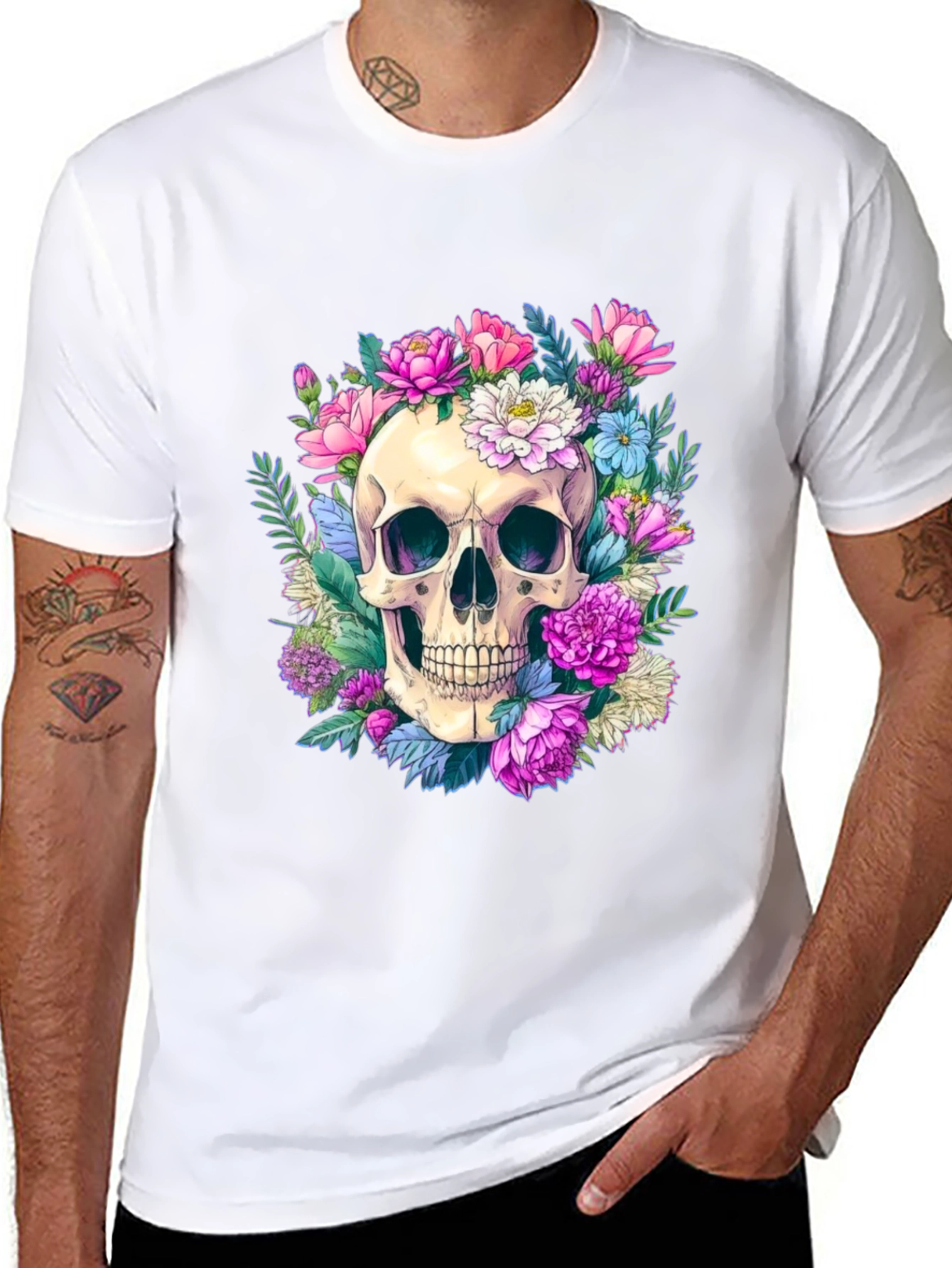 Black Floral Skull Graphic Tee - Men's Black T-Shirt view 8