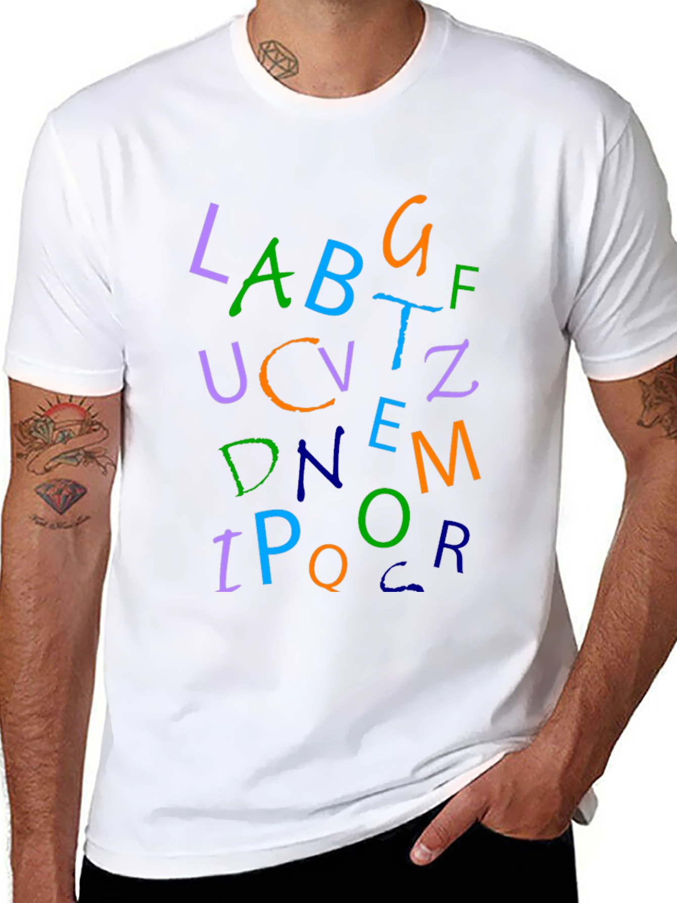 Black Colorful Alphabet Letter Print Black T-Shirt view 8