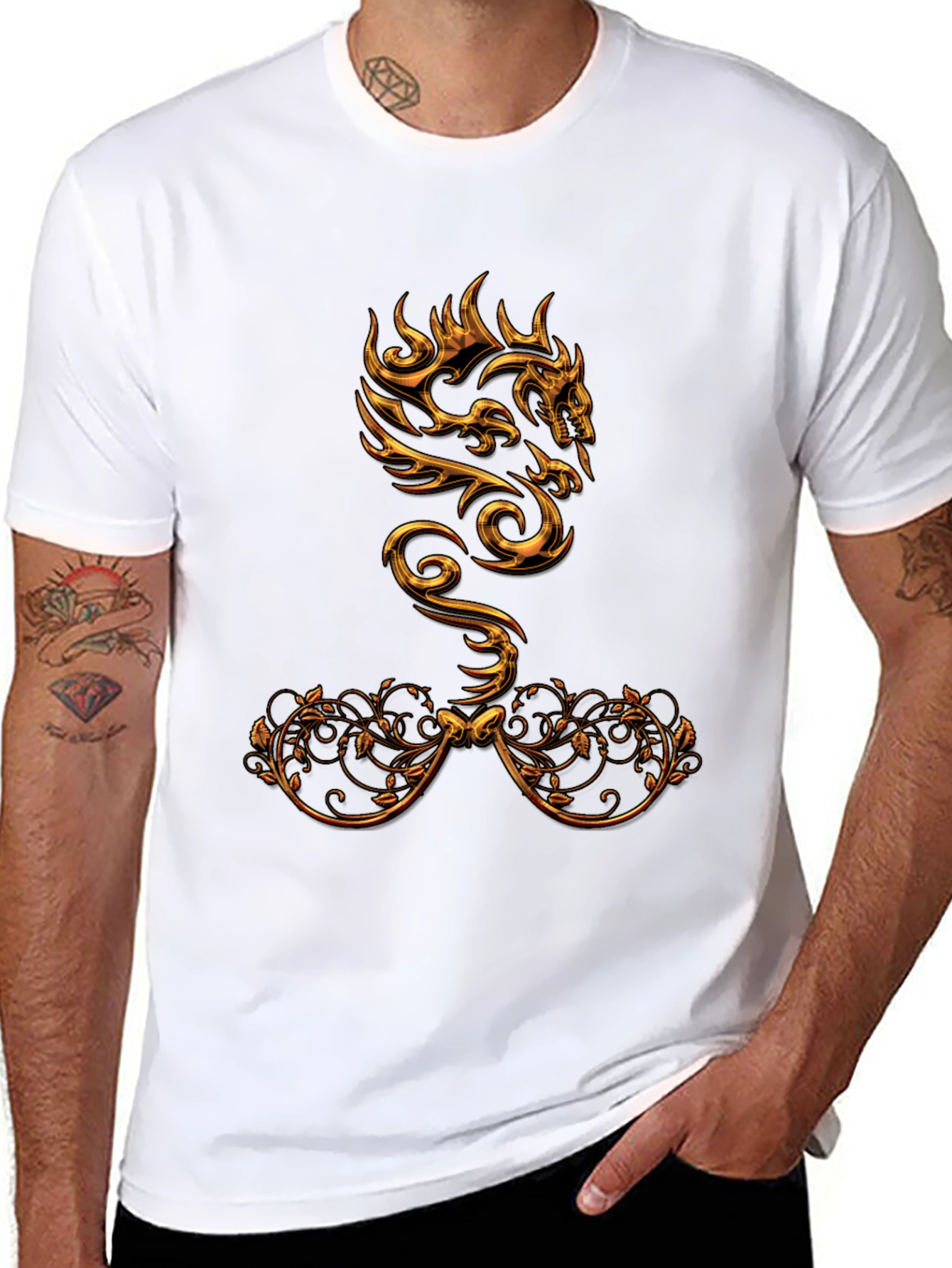 Black Golden Dragon Graphic Print Black T-Shirt view 8