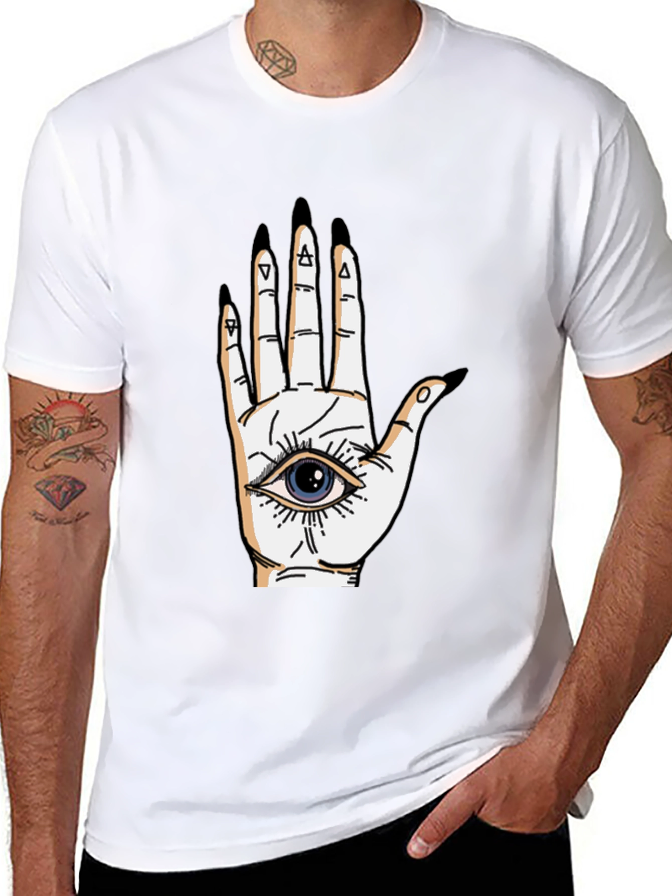 Black Eye-in-Hand Graphic Tee - All Seeing Black T-Shirt view 8