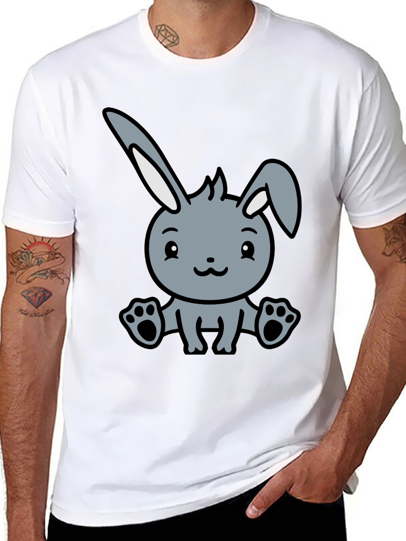 Black Cute Cartoon Bunny Graphic Black T-Shirt view 8