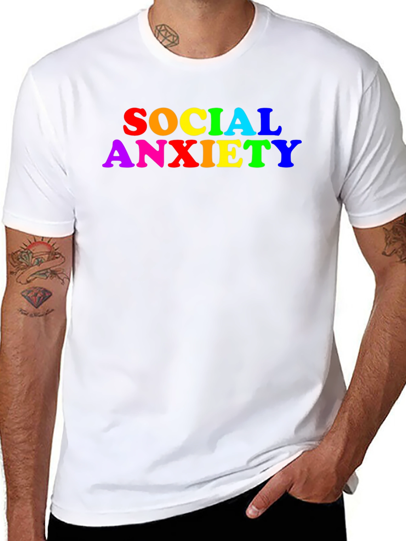 Black Social Anxiety Rainbow Text Black T-Shirt view 8