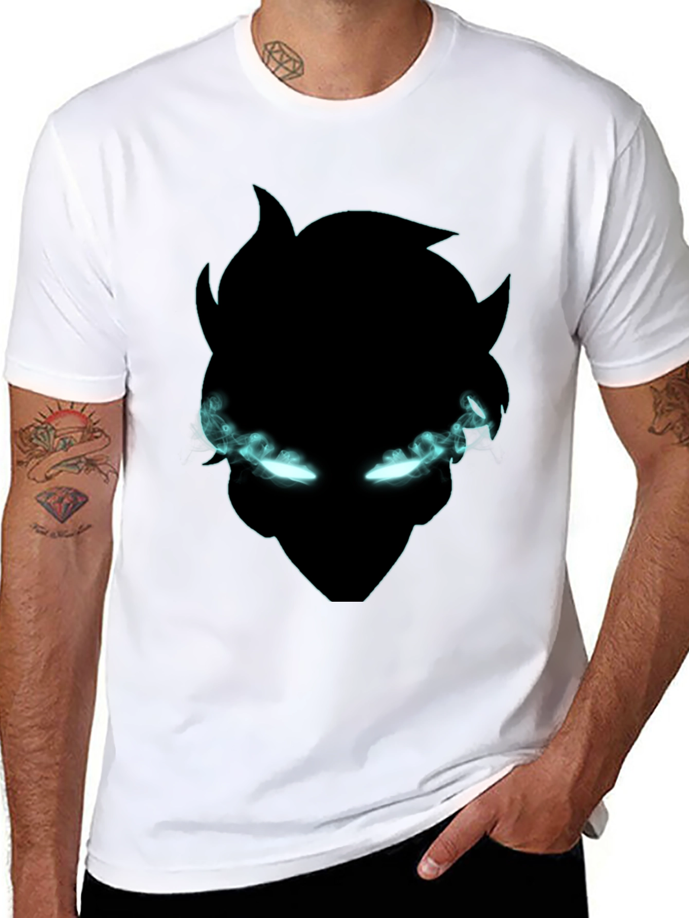 Black Black Graphic Tee: Mystical Glowing Eyes Design view 8