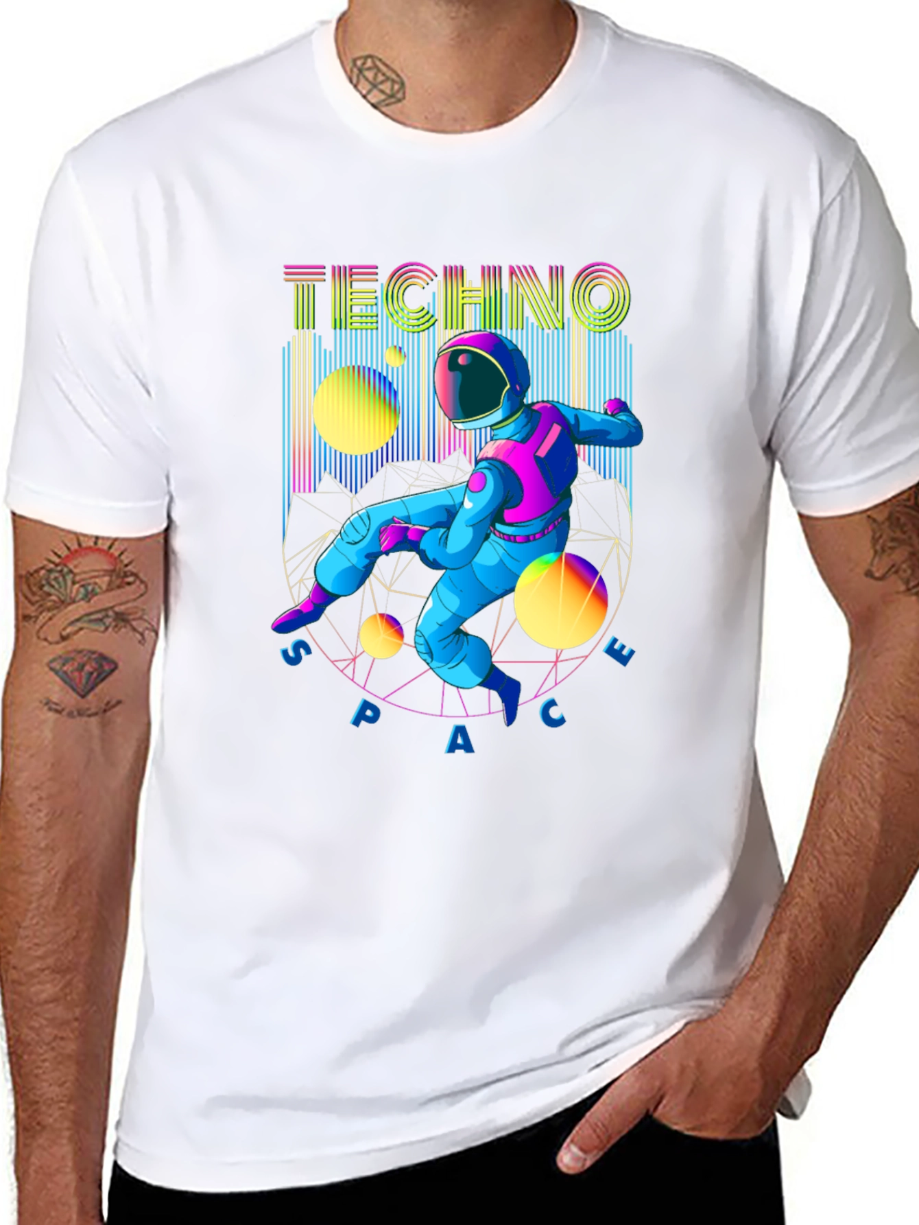 Black Techno Space T-Shirt - Retro Astronaut Design view 8