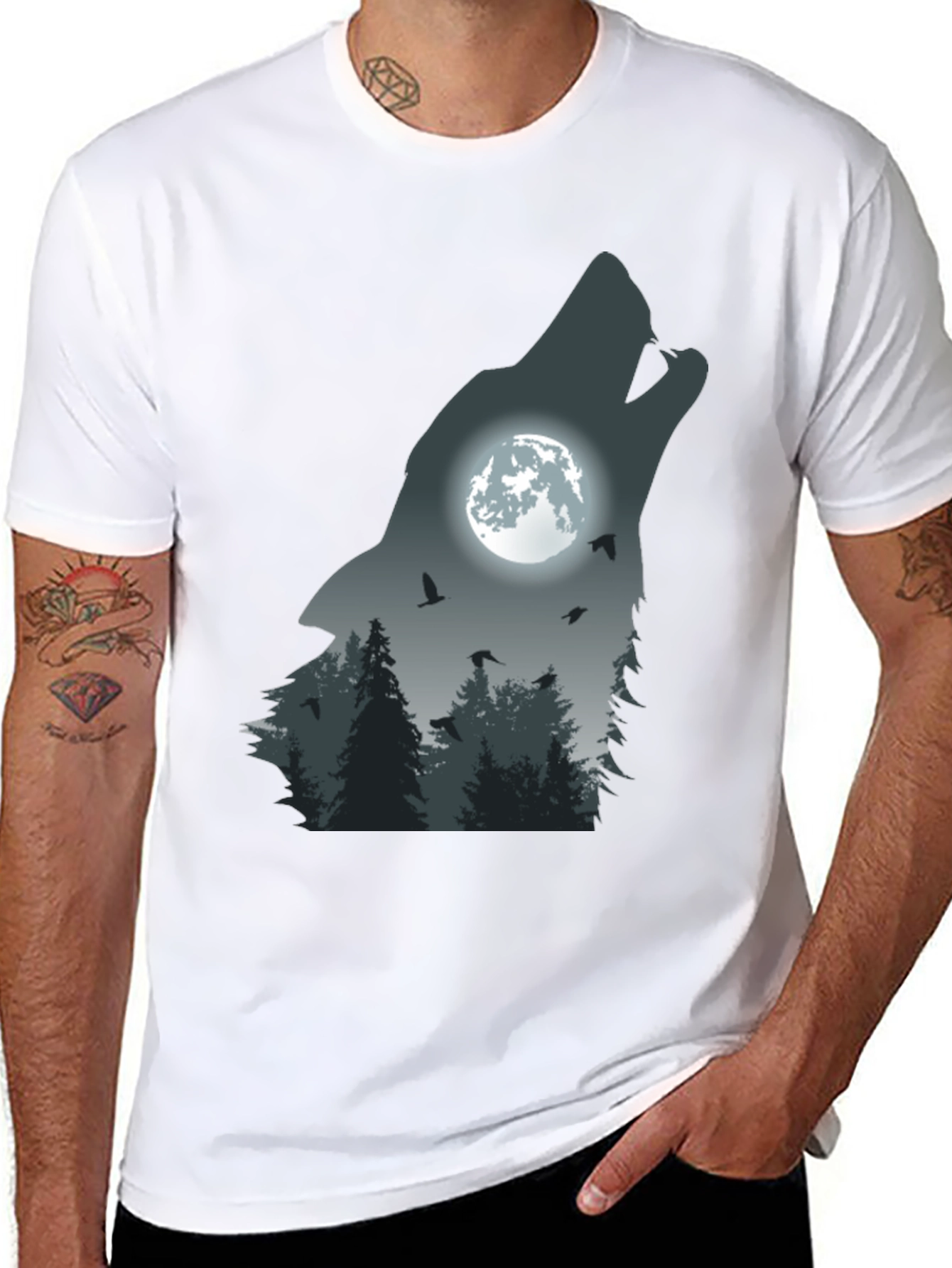 Black Wolf Moon Forest Graphic Tee - Men's Black T-Shirt view 8