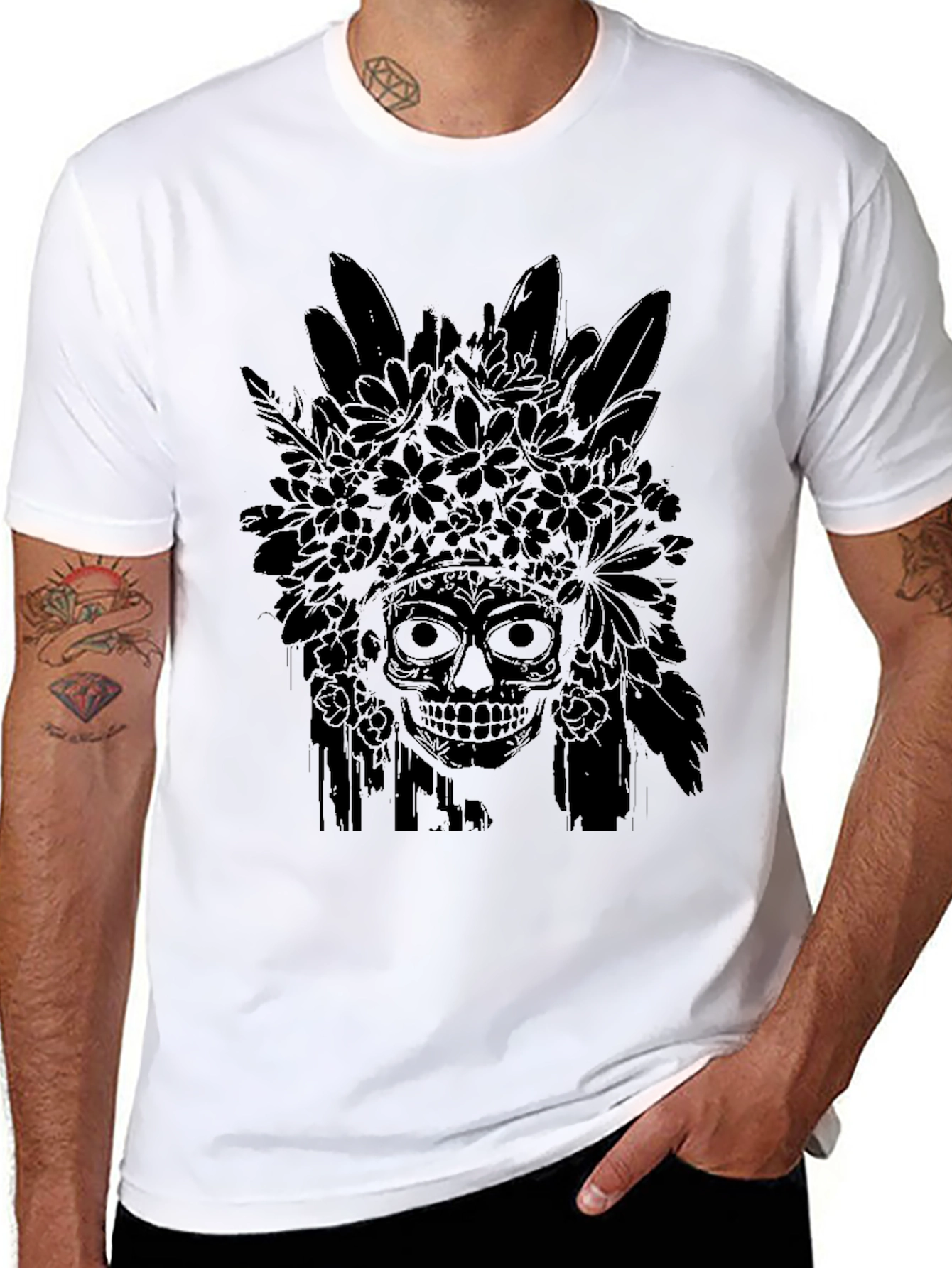 Black Floral Skull Graphic Tee - Men's Black T-Shirt view 8