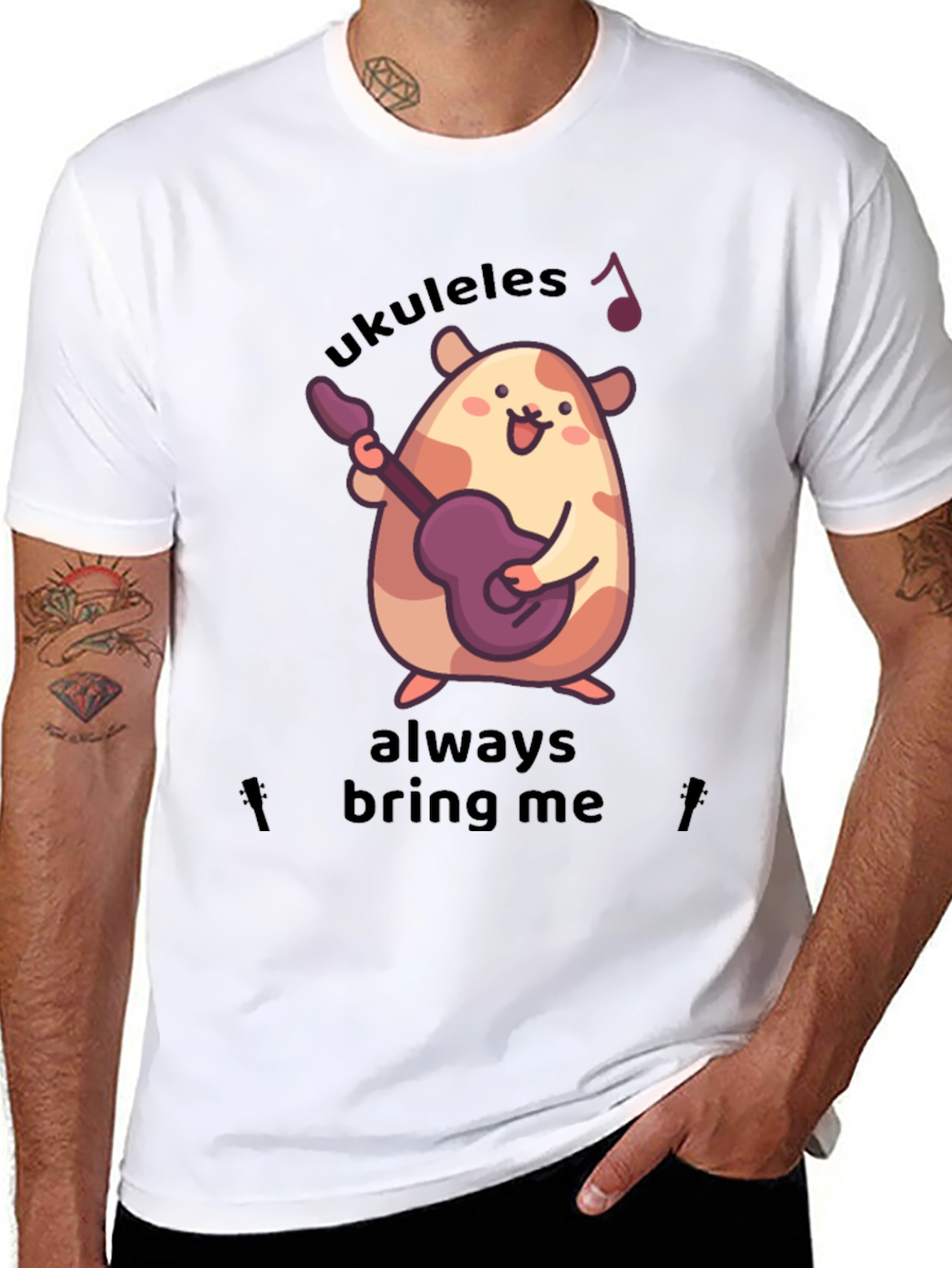 Black Cute Ukulele Hamster Graphic T-Shirt view 8