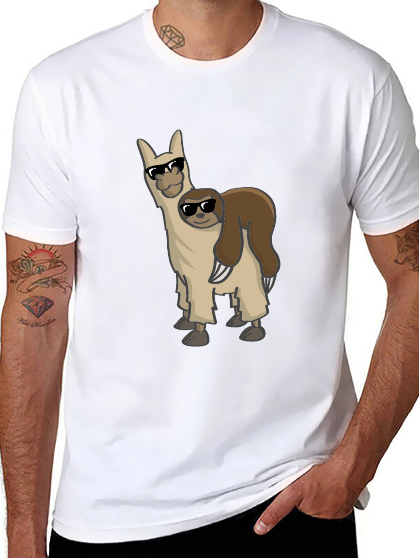 Black Cool Llama & Sloth Graphic Tee - Black Cotton Shirt view 8