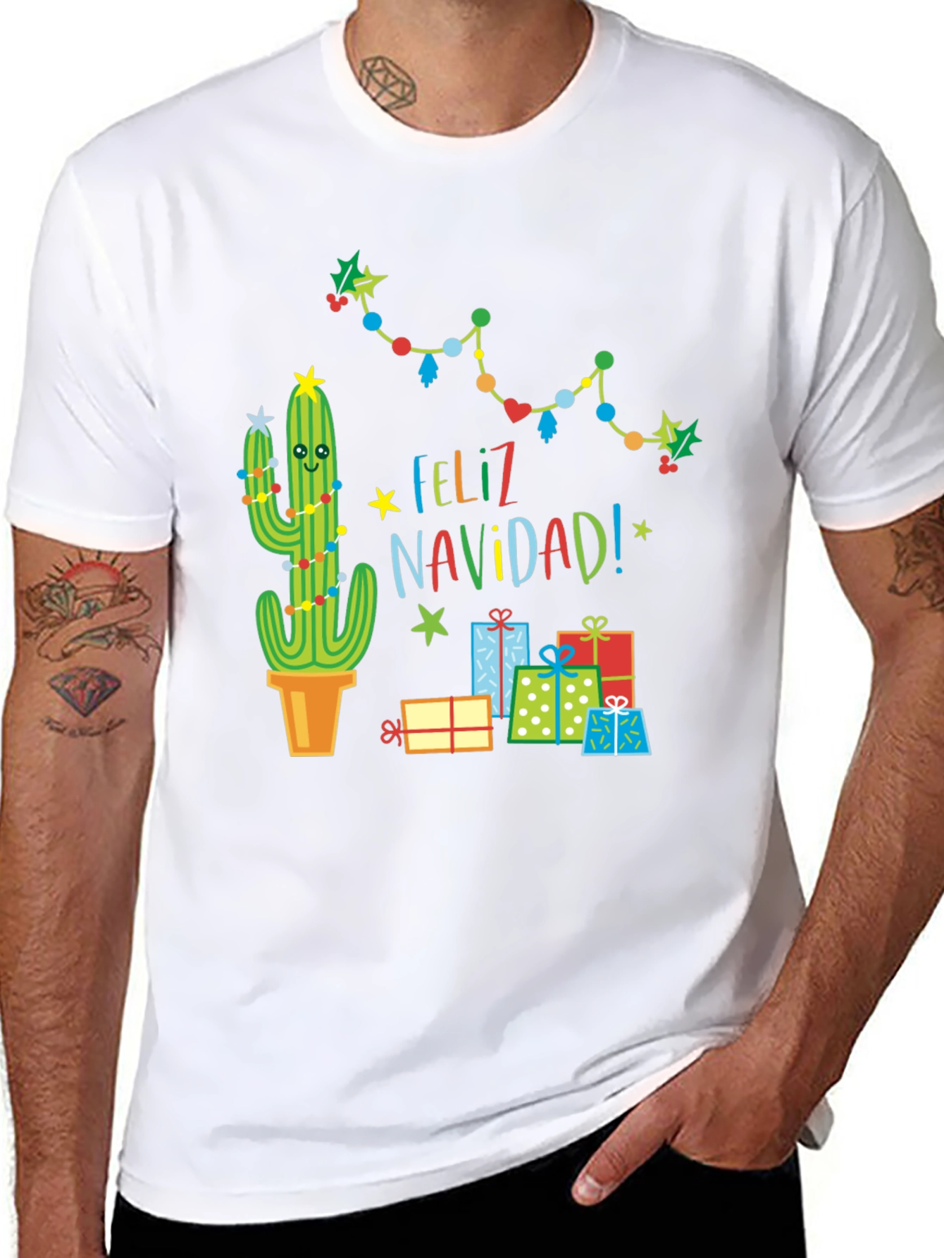 Black Feliz Navidad Cactus T-Shirt - Holiday Gift view 8