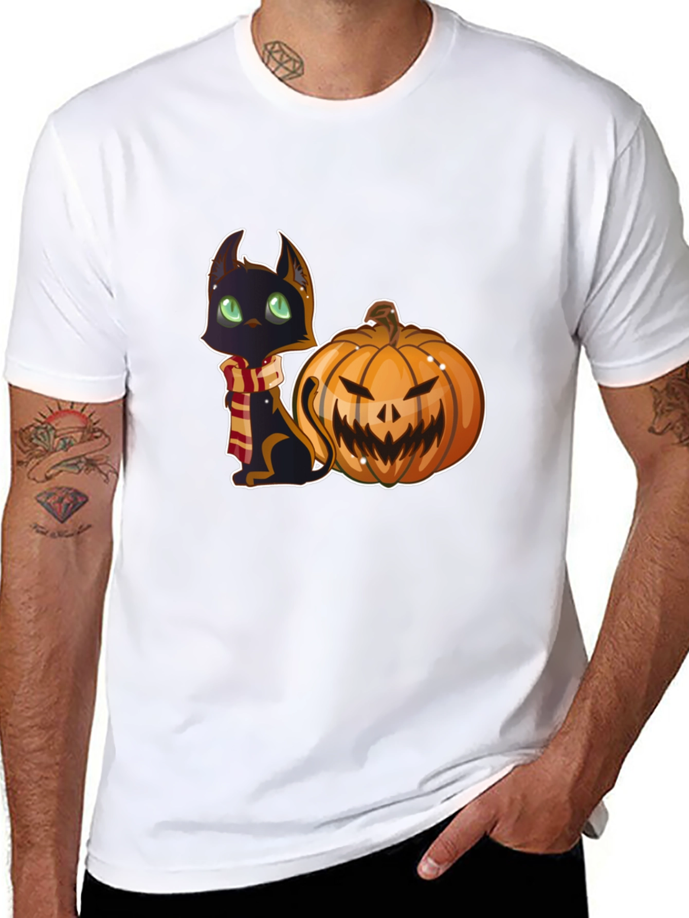 Black Halloween Cat & Pumpkin Black T-Shirt view 8