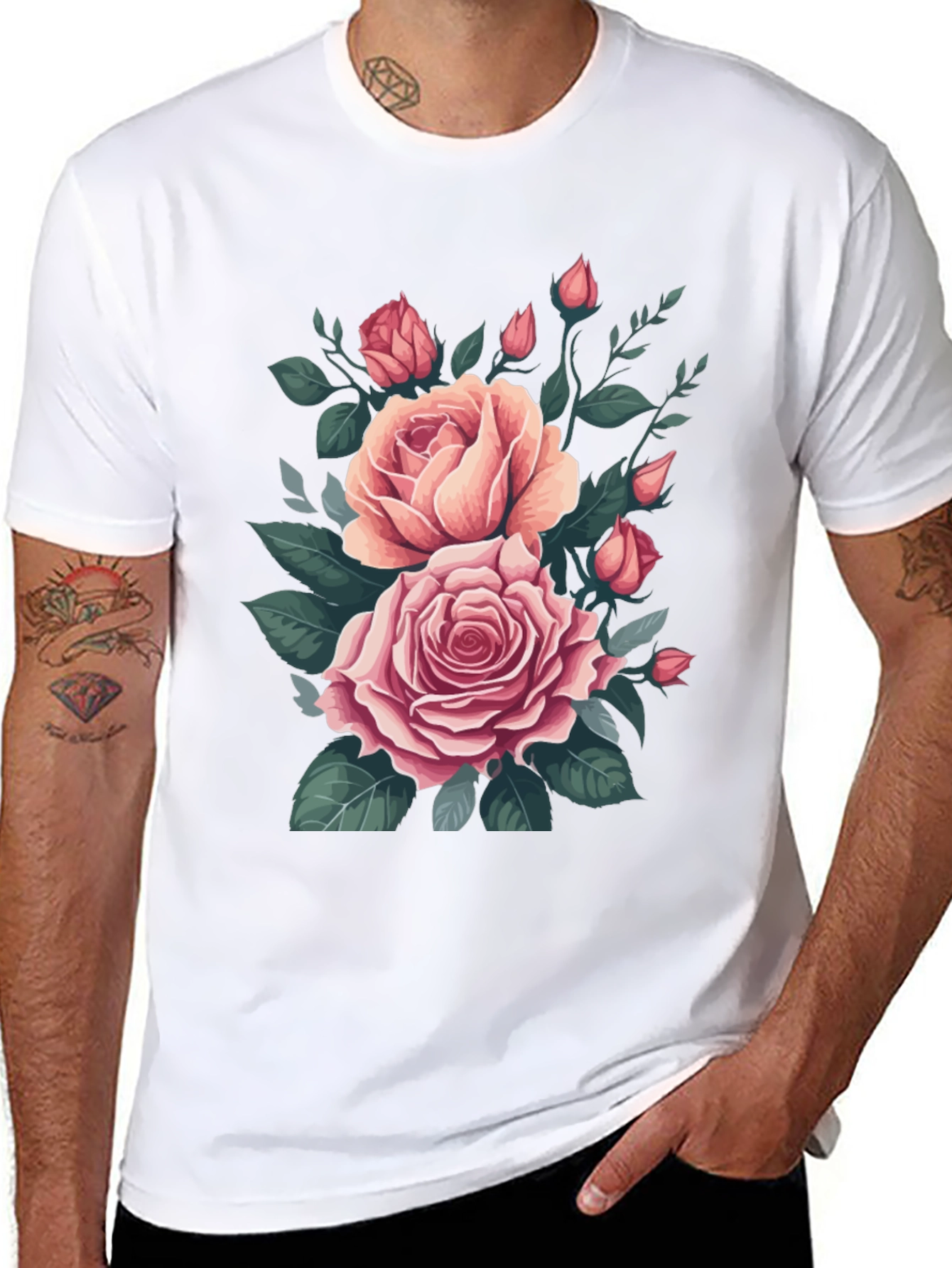 Black Elegant Rose Bouquet Graphic Tee - Soft Cotton Comfort view 8