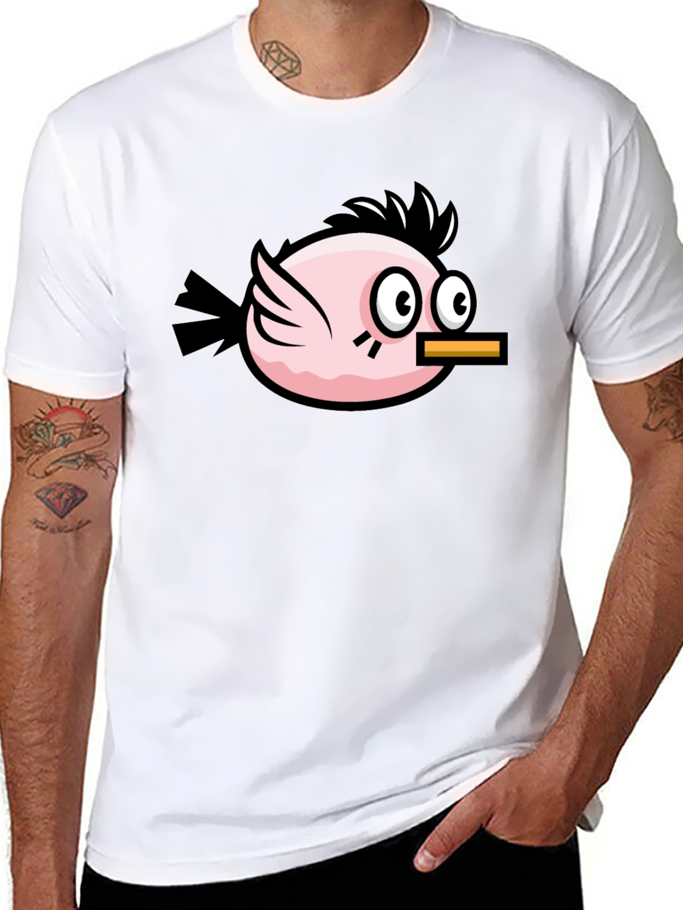 Black Funny Pink Bird Graphic Tee - Black Cotton T-Shirt view 8