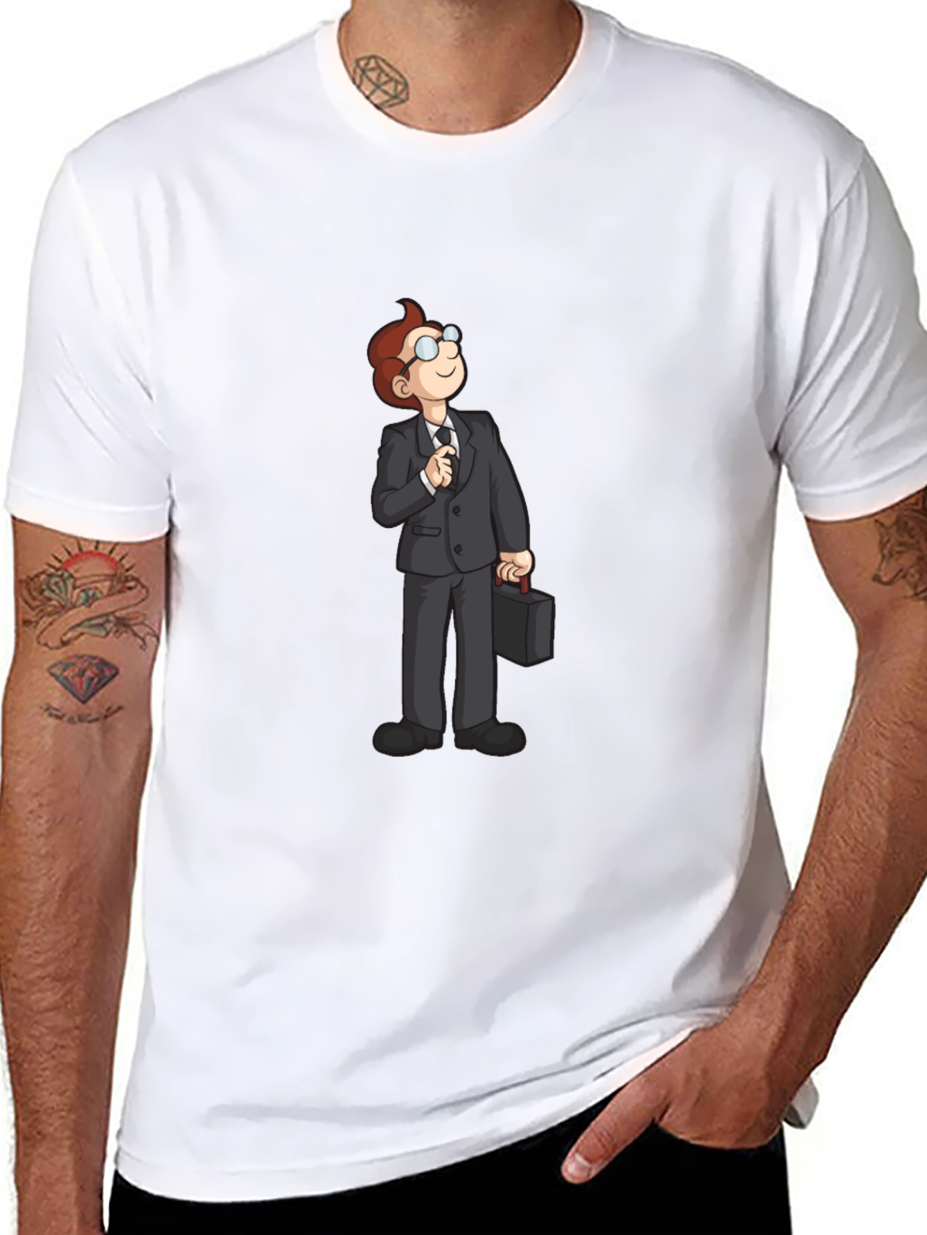 Black Cartoon Businessman Graphic Tee - Black Casual T-Shirt view 8