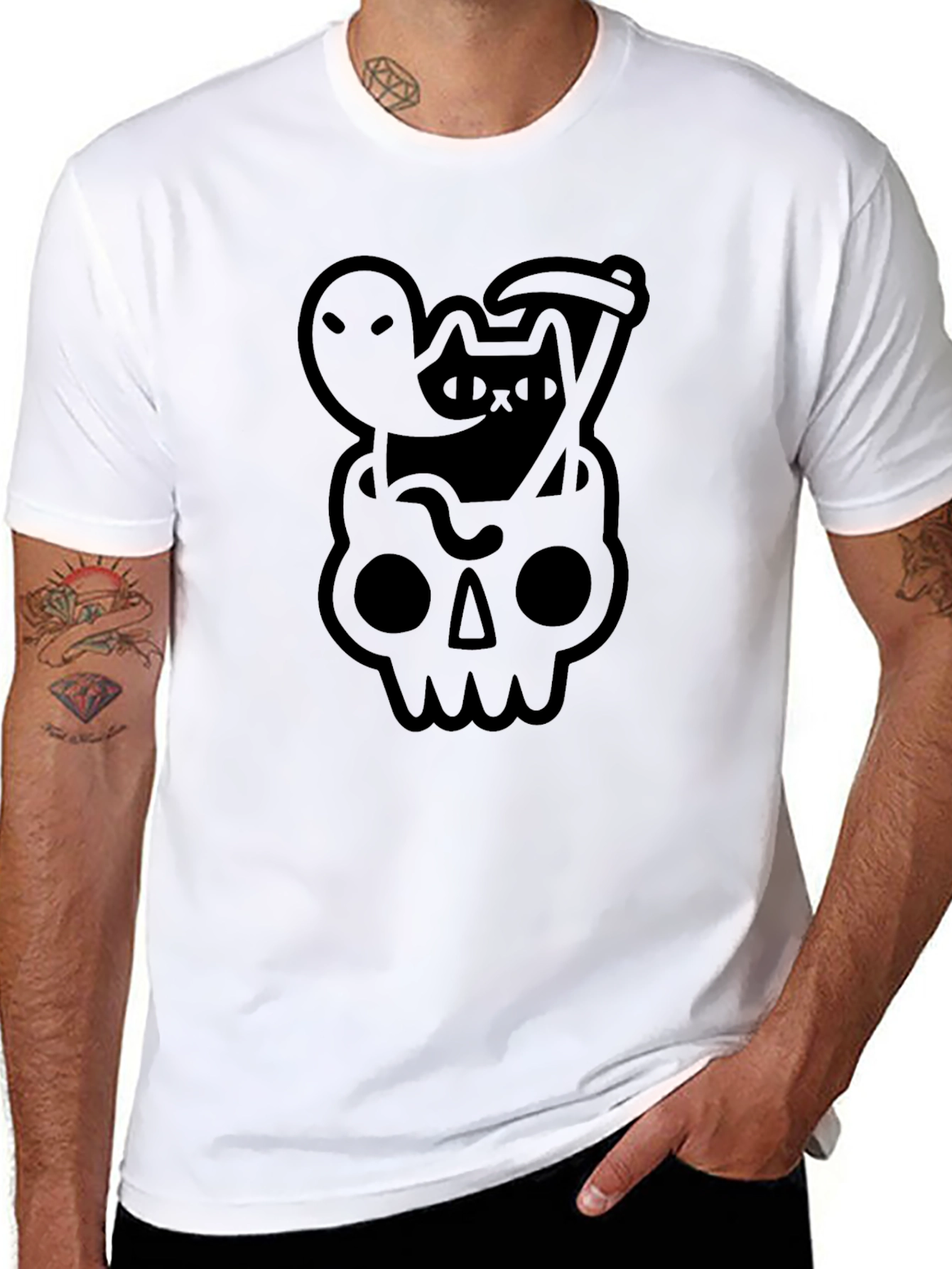 Black Skull Cat Grim Reaper Ghost Graphic Tee - Black view 8