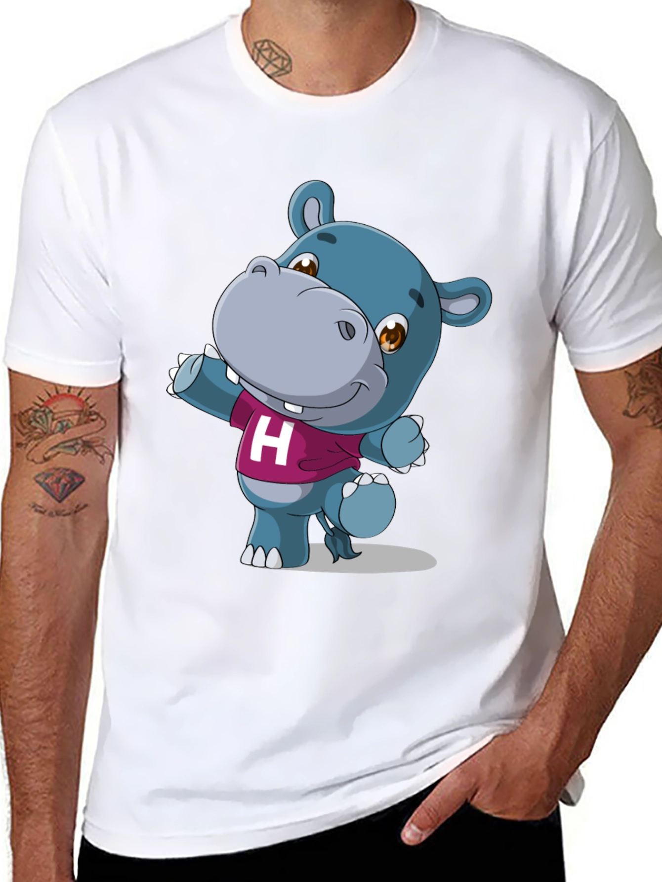 Black Cute Hippo Graphic Tee - Black Unisex Shirt view 8
