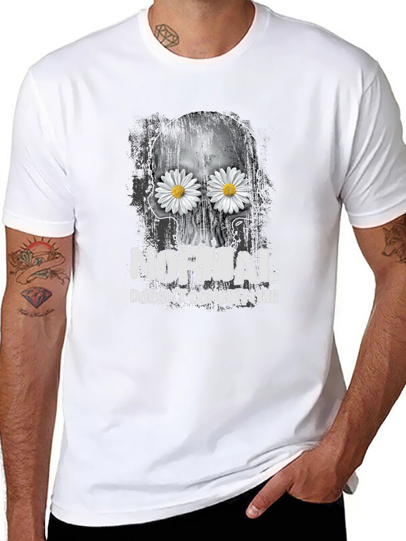 Black Skull & Daisies T-Shirt - Normal Doesn't Concern Me Graphic Tee view 8