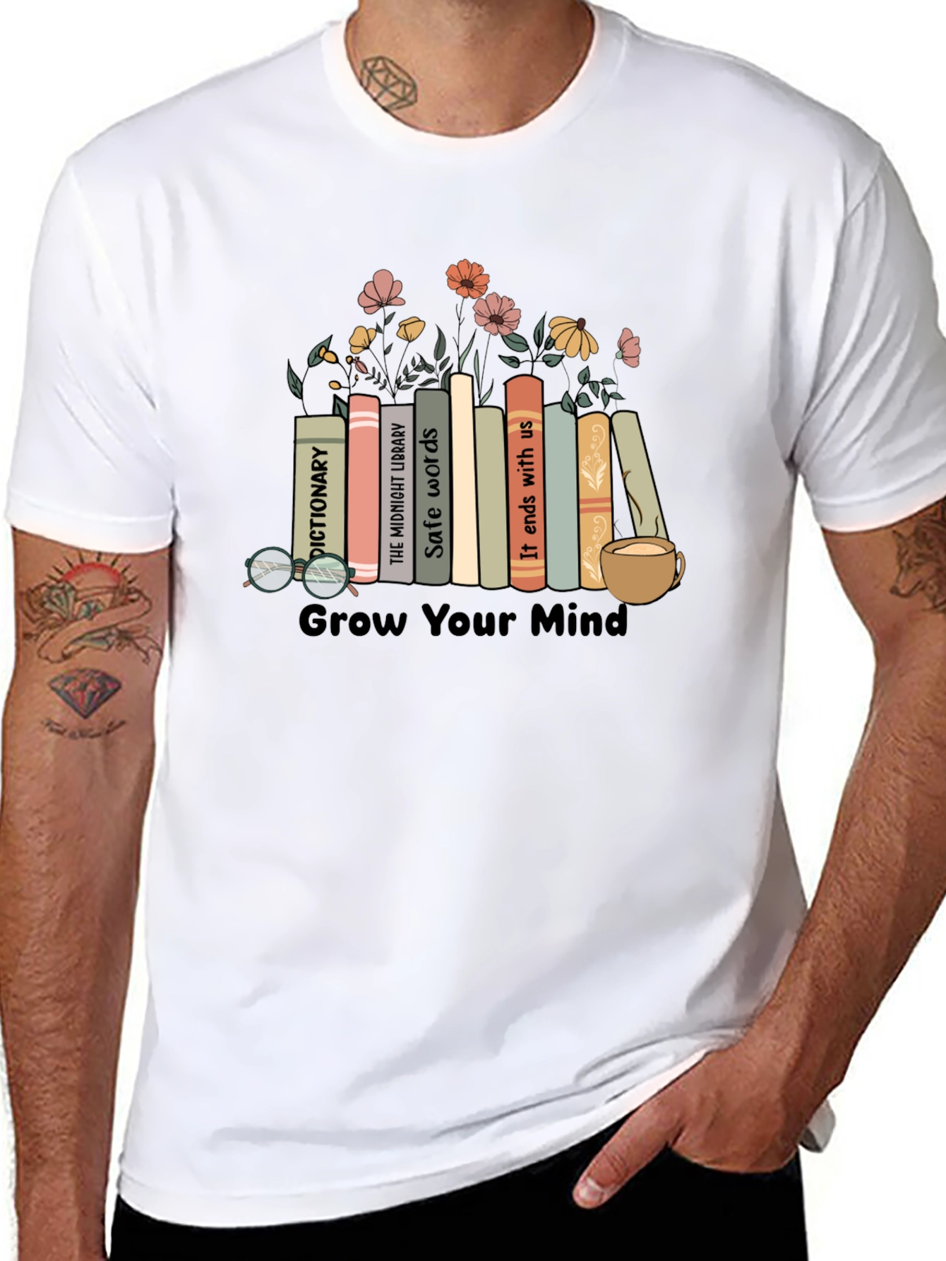 Black Grow Your Mind Bookshelf T-Shirt view 8