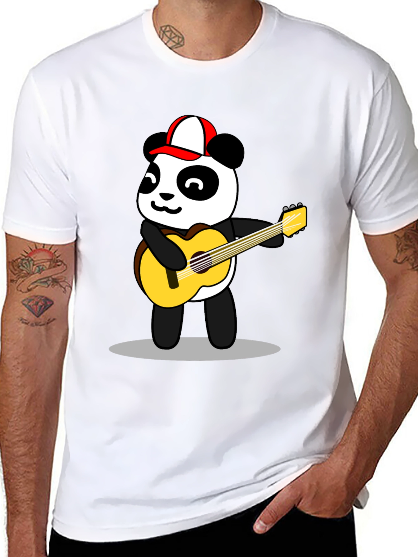 Black Cool Panda Guitarist Graphic Tee - Black Cotton T-Shirt view 8