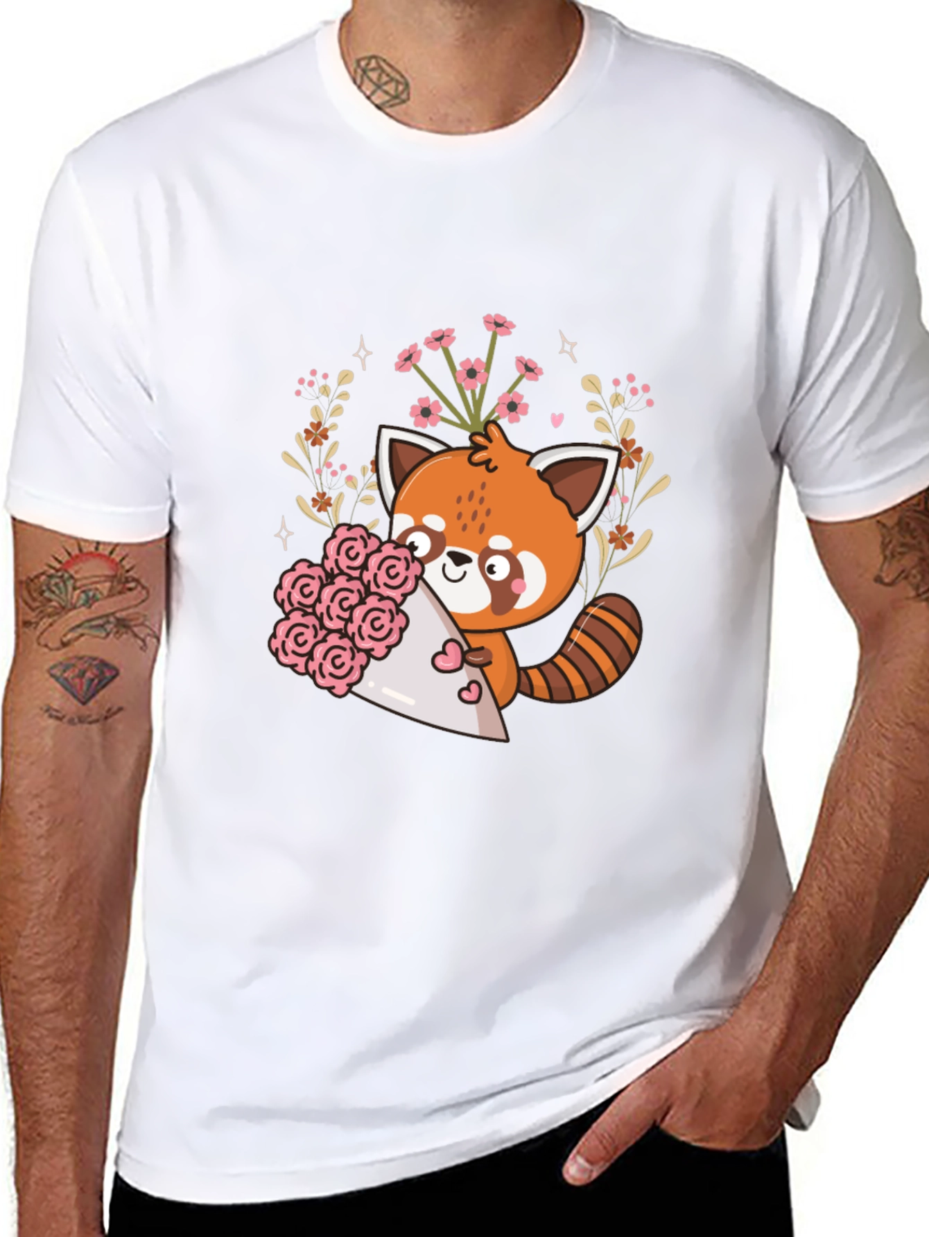 Black Cute Red Panda Floral Bouquet Graphic Tee view 8
