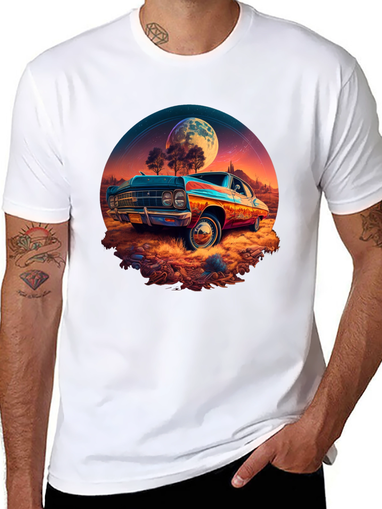 Black Vintage Car Moonscape Graphic Tee view 8
