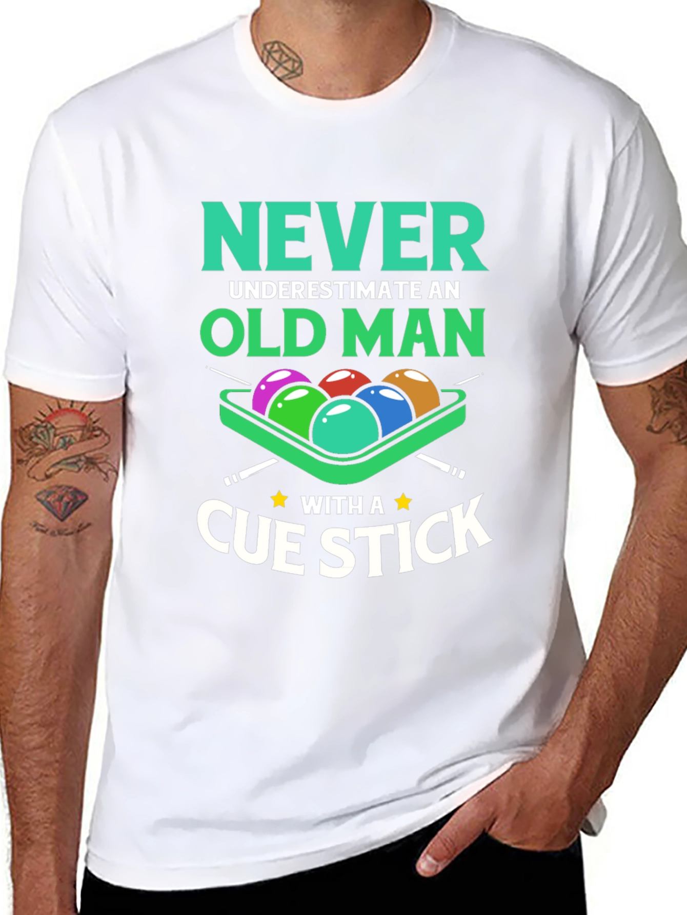 Black Never Underestimate Old Man Cue Stick Graphic Tee view 8