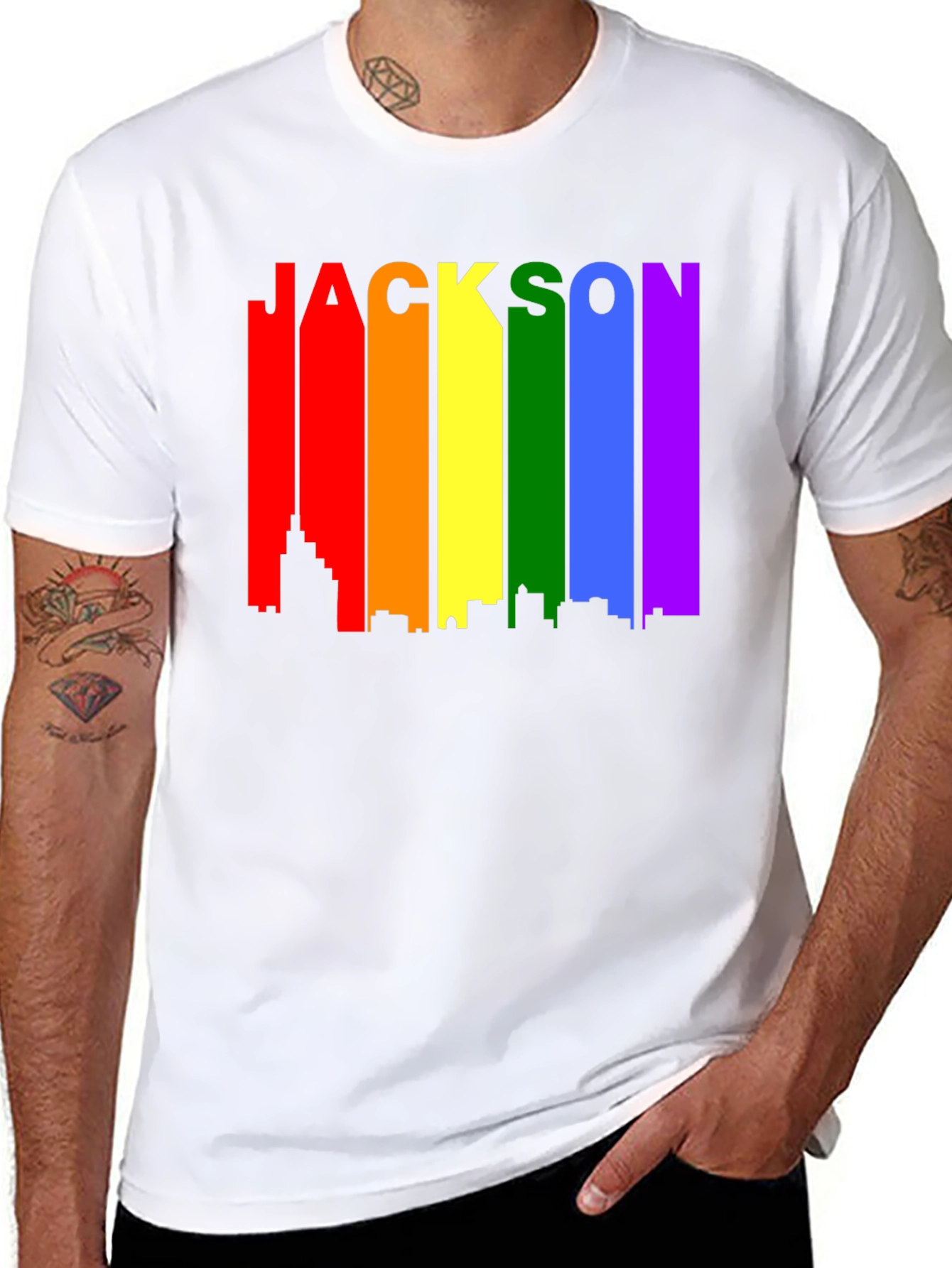 Black Jackson Rainbow Skyline Pride T-Shirt view 8