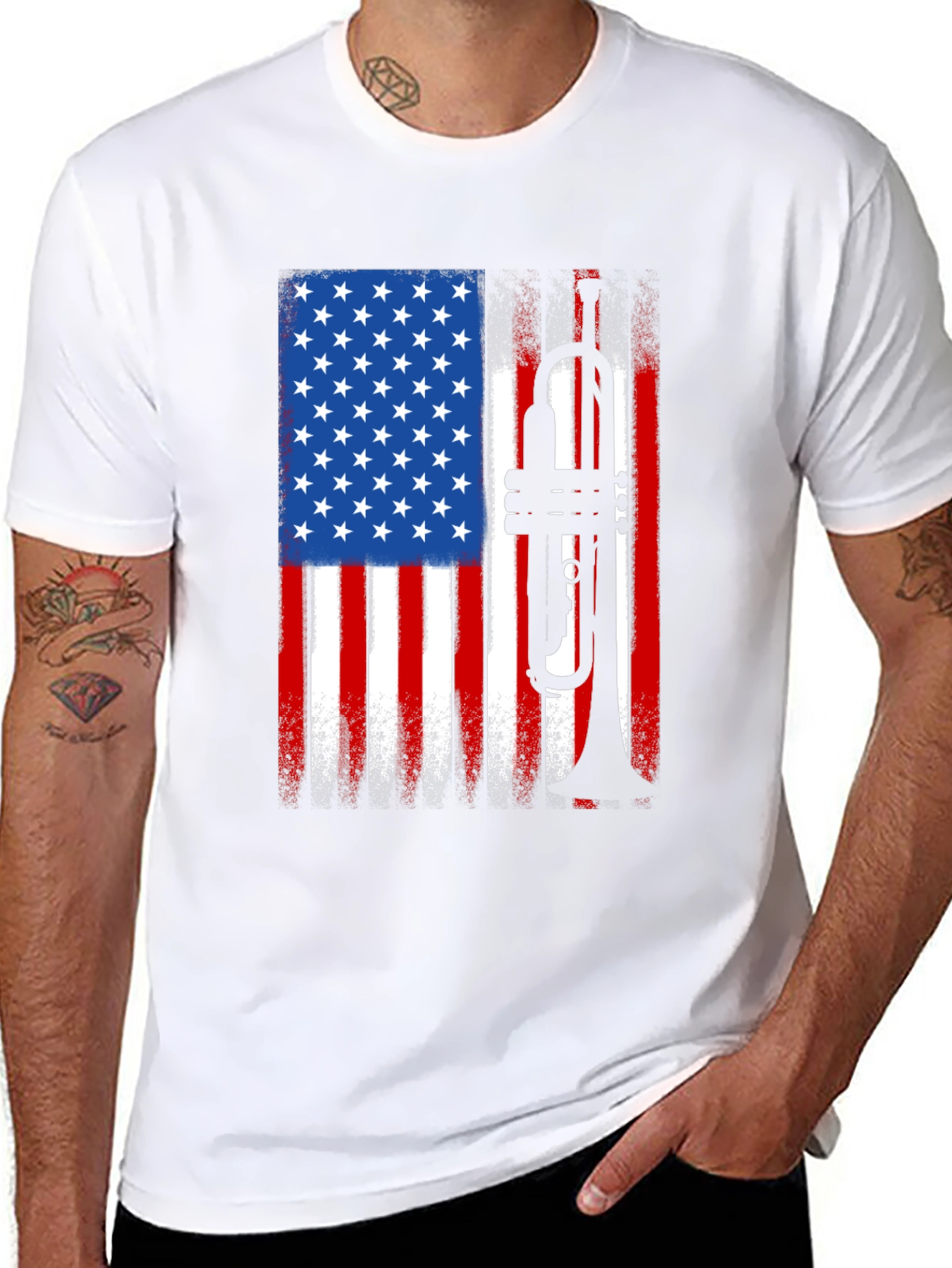 Black USA Flag Trumpet Graphic Tee - Patriotic Musician Shirt view 8